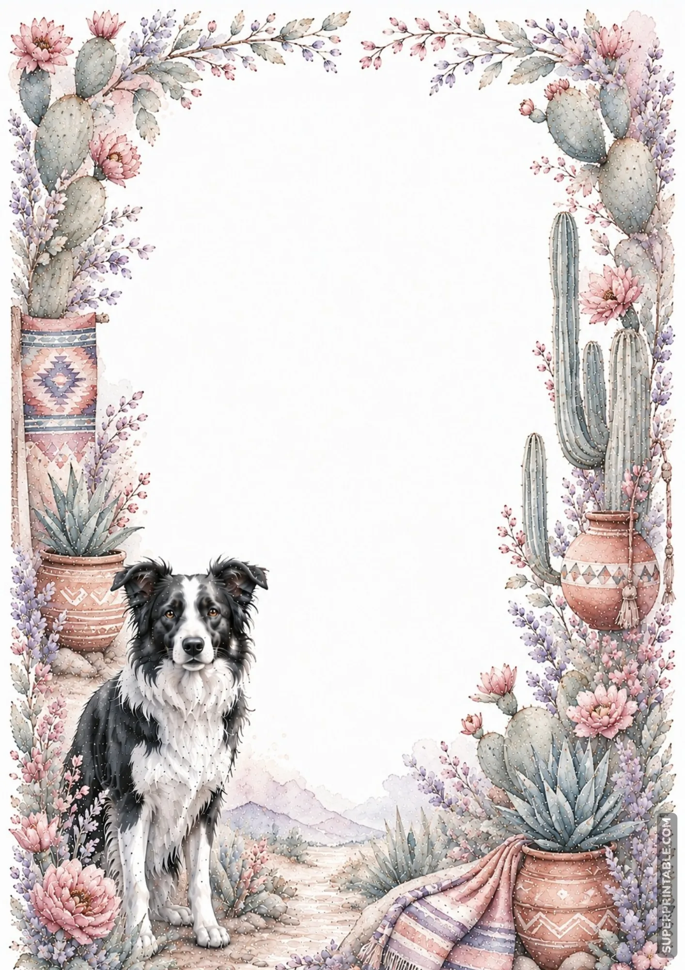 Black and white border collie sitting beside cacti and desert plants on a washed border page.
