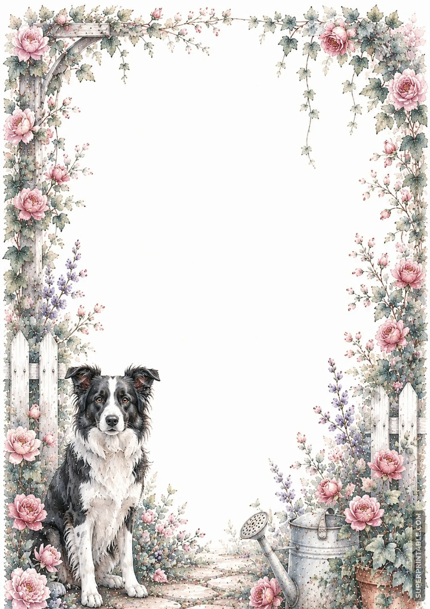Border collie sitting near a white garden fence and metal watering can on floral border paper.