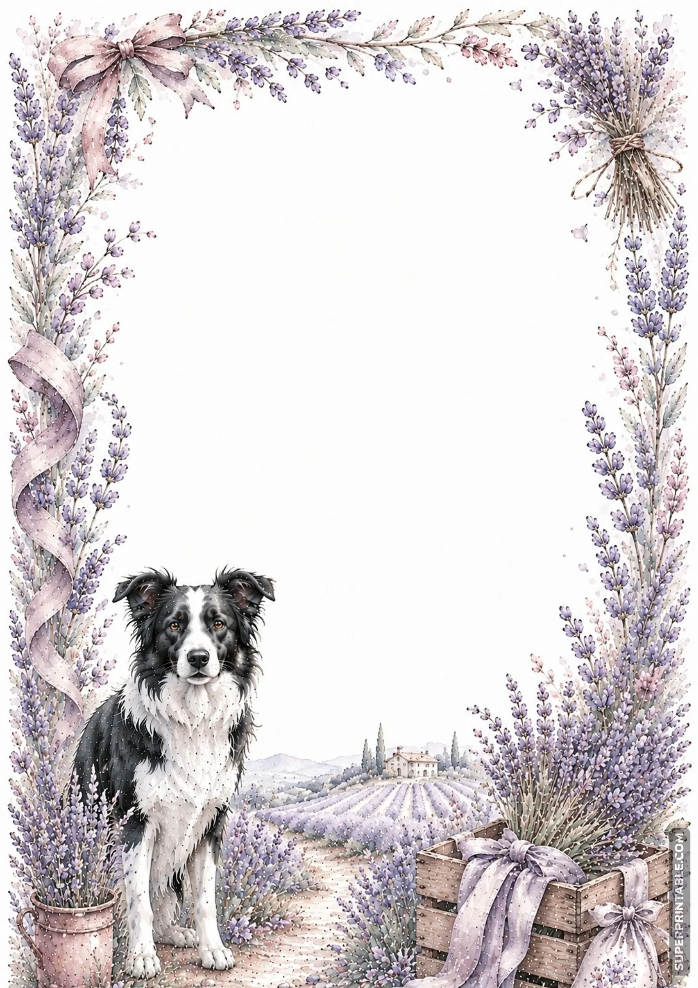 Border collie in a blooming purple lavender field with rustic wooden crates on border paper.