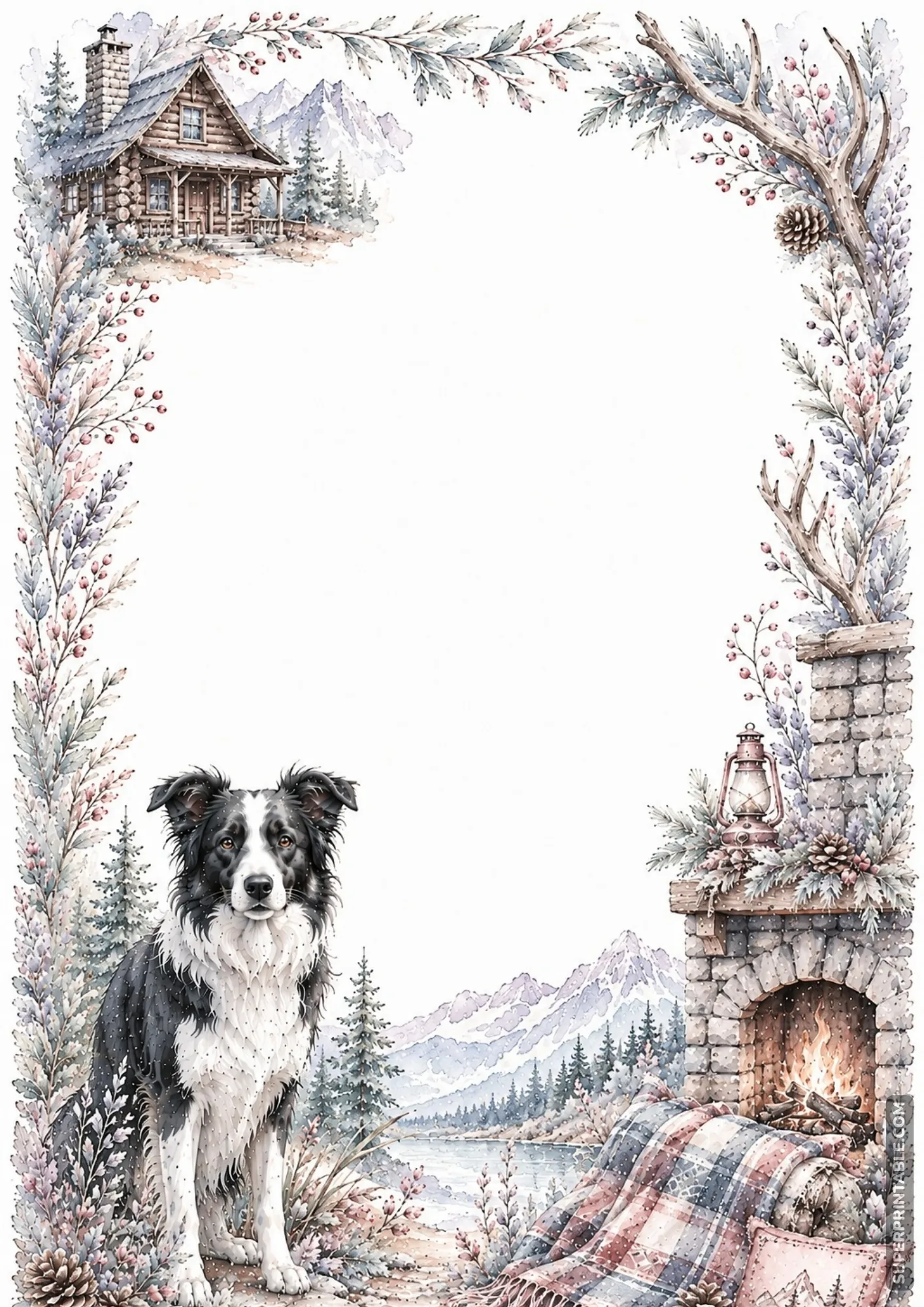 Border collie near a stone fireplace and cozy log cabin on a snowy mountain border page.