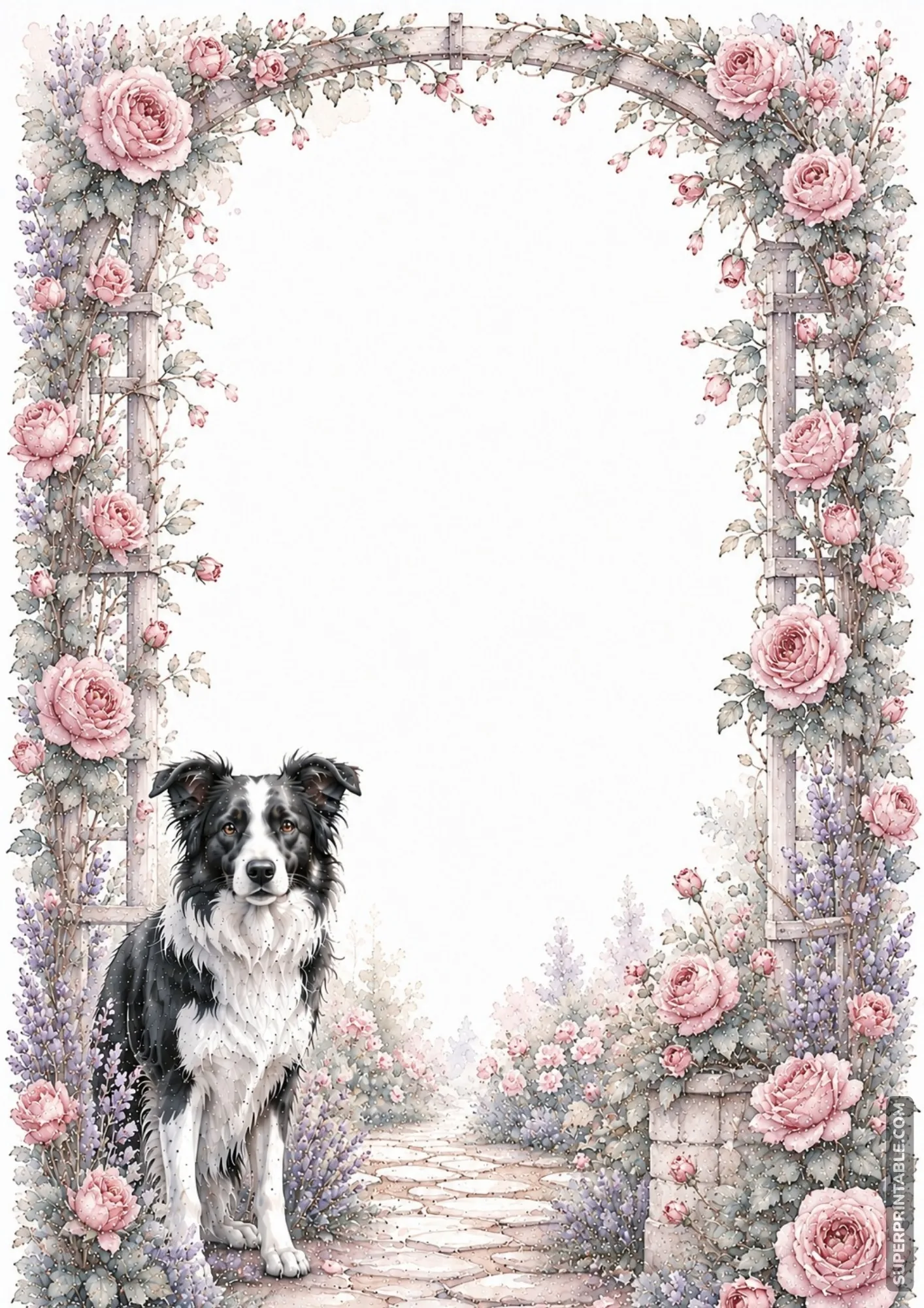 Border collie sitting under a pink rose trellis archway on a soft floral border page.