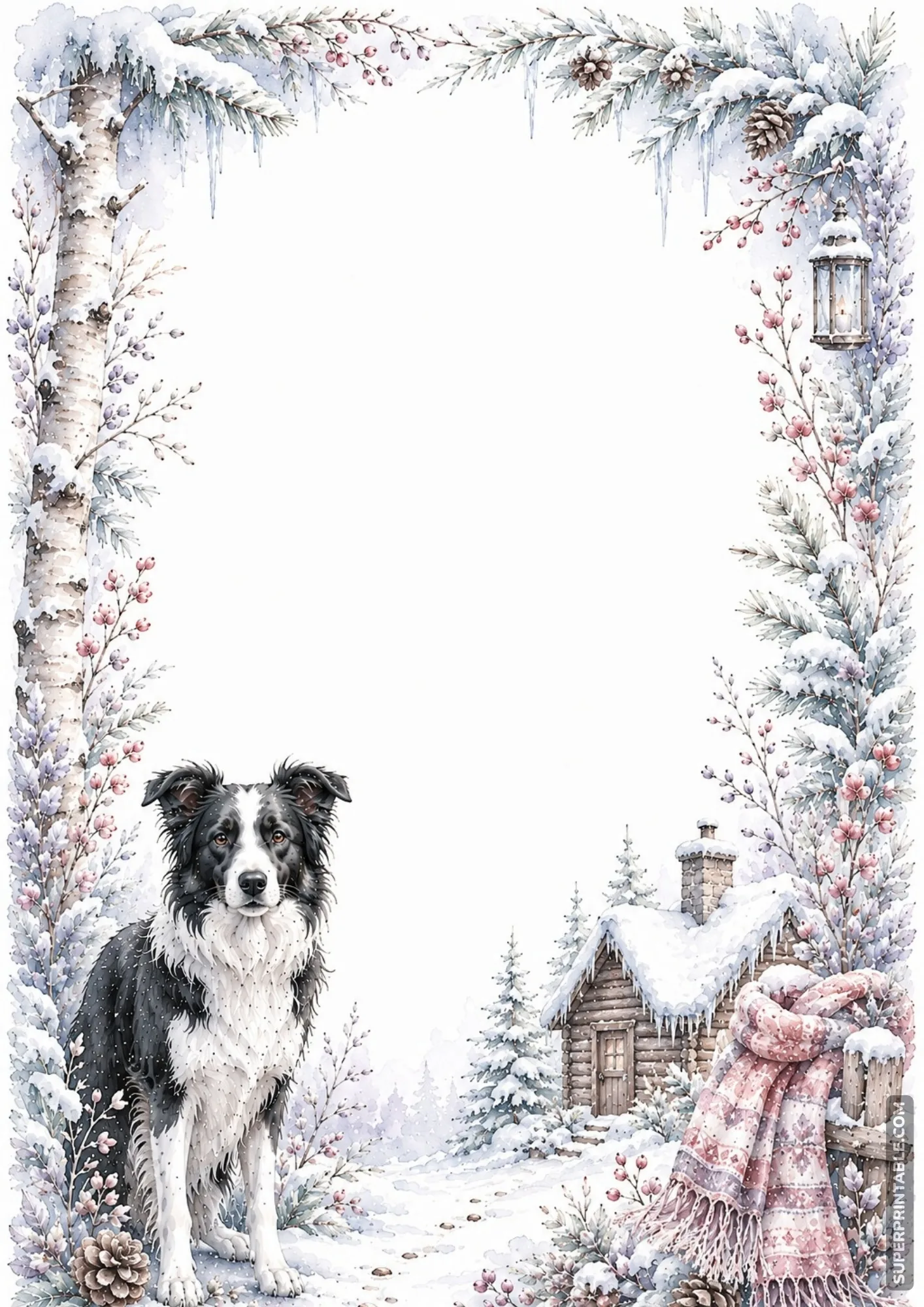 Border collie standing in a snowy birch tree landscape with a winter cottage border design.