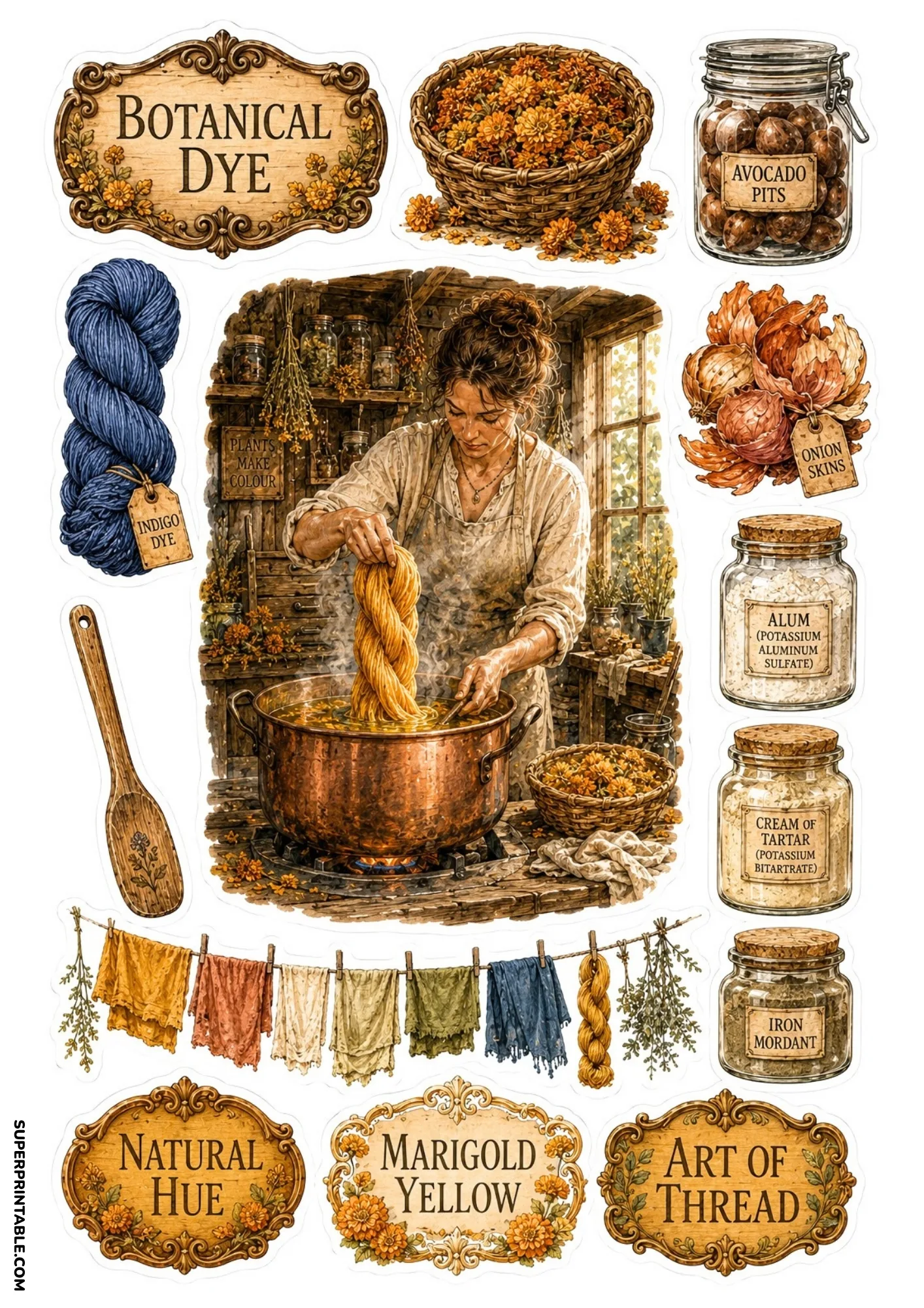 Botanical dye artisan processing yarn with marigold and indigo on a garden and nature sticker sheet.
