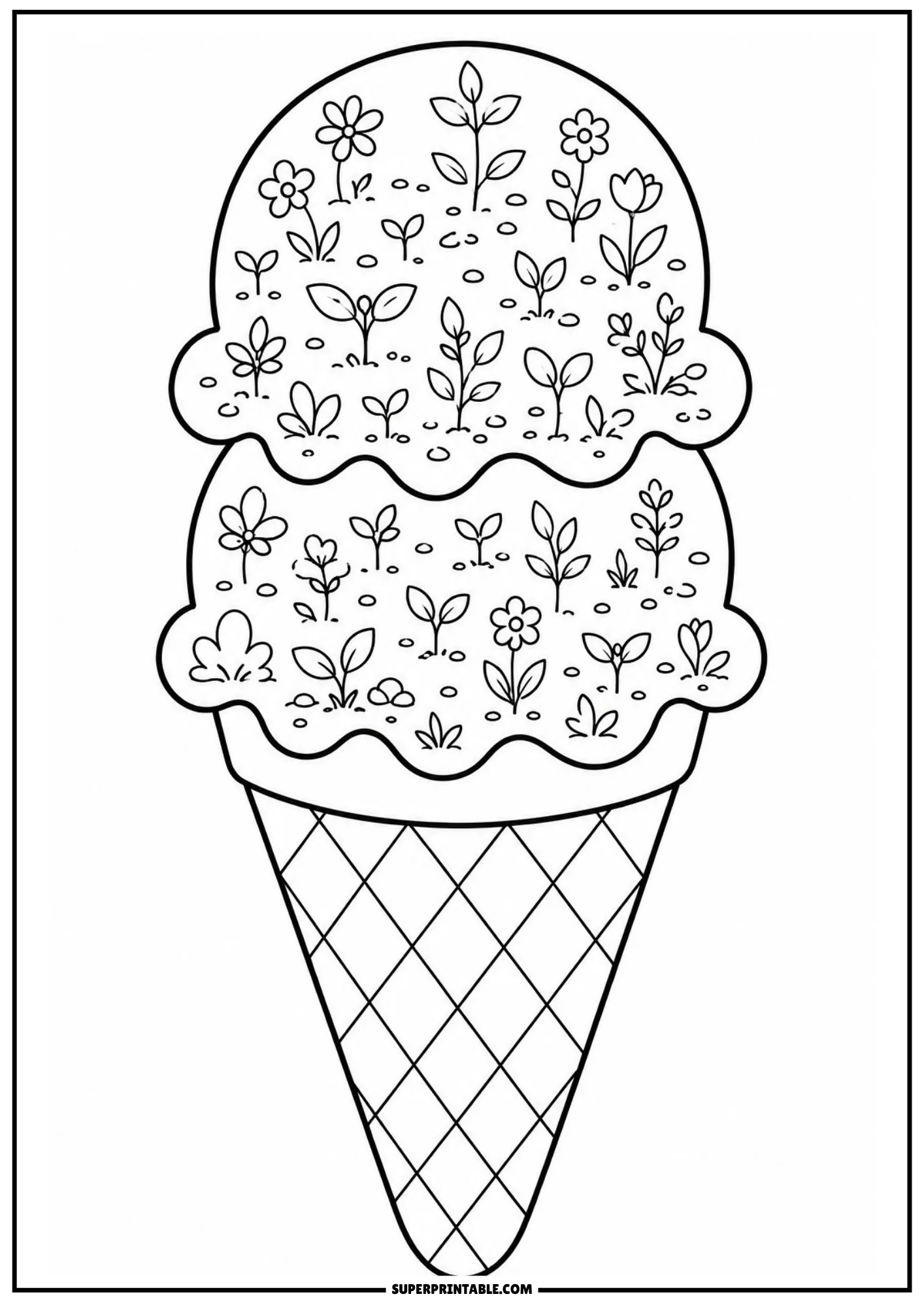 Botanical garden ice cream cone with flowers, leaves, and tiny plants