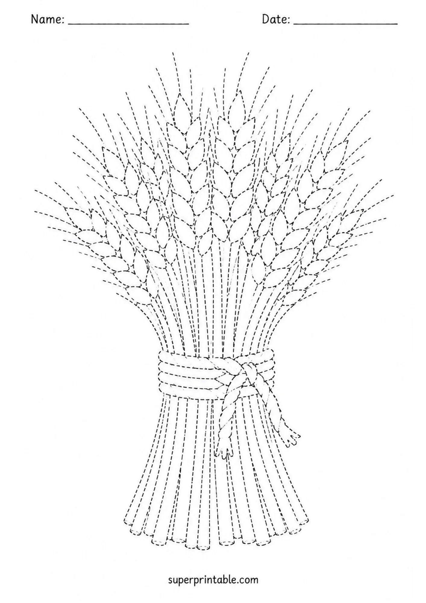 Tied bundle of wheat stalks dashed line tracing sheet for fall activities.