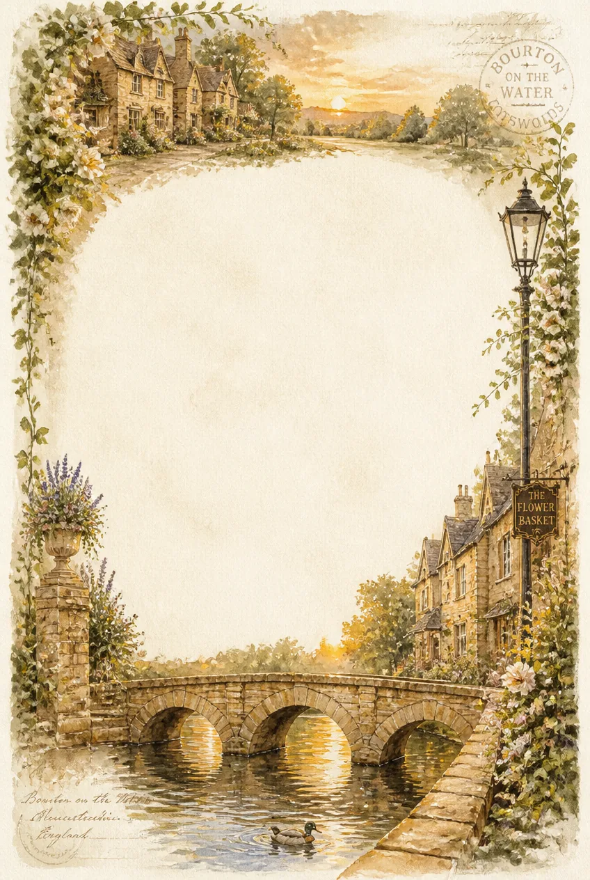 Bourton-on-the-Water stone bridge page border with sunset light and English cottage garden.