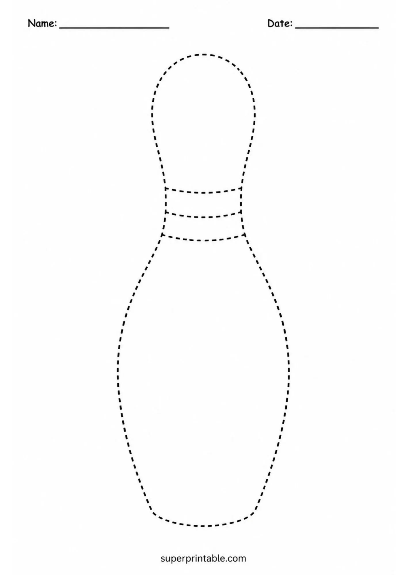 Bowling pin tracing sheet featuring dashed line contours for drawing practice.