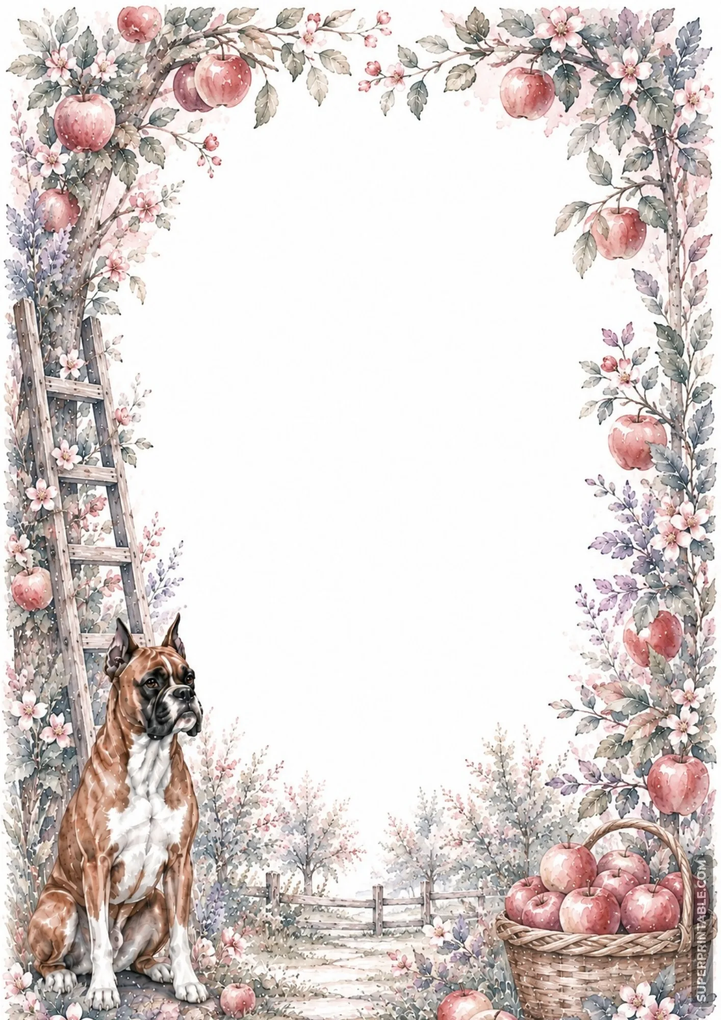 Boxer dog page borders featuring a sweet Boxer dog near an apple orchard ladder and apple basket.