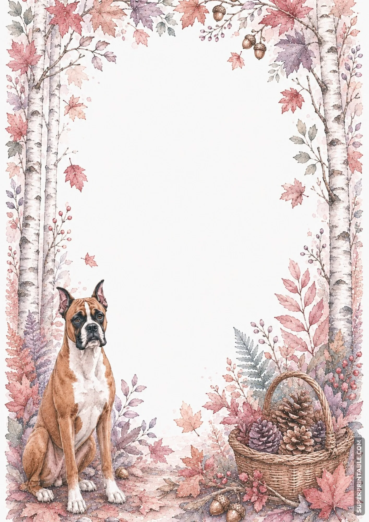 Boxer dog sitting under autumn birch trees surrounded by falling leaves and a basket of pinecones.