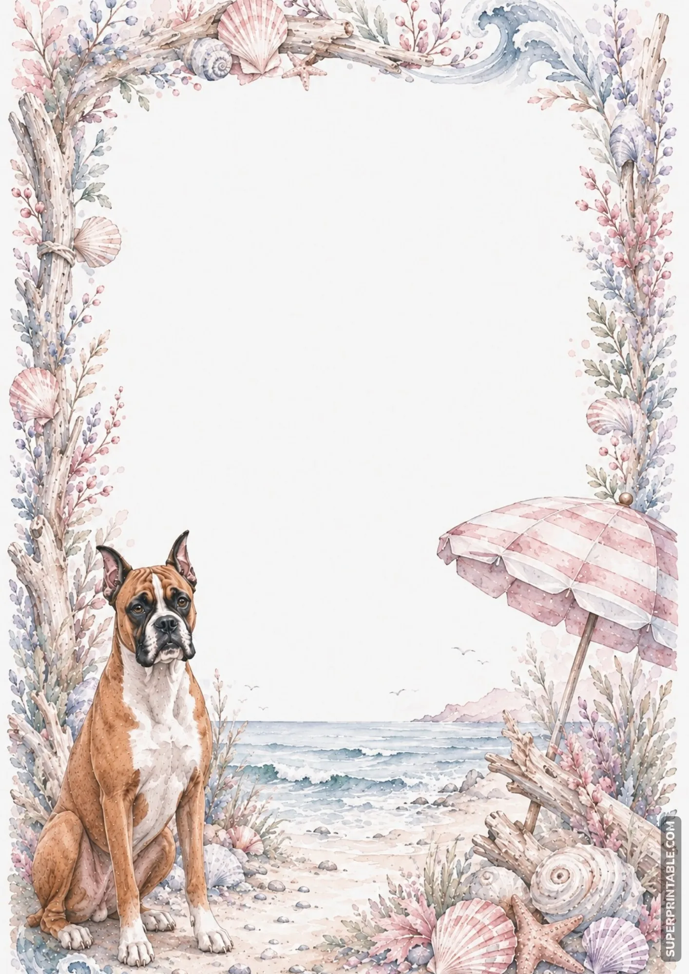 Boxer dog sitting on sand under a beach umbrella beside gentle blue ocean waves and seashells.