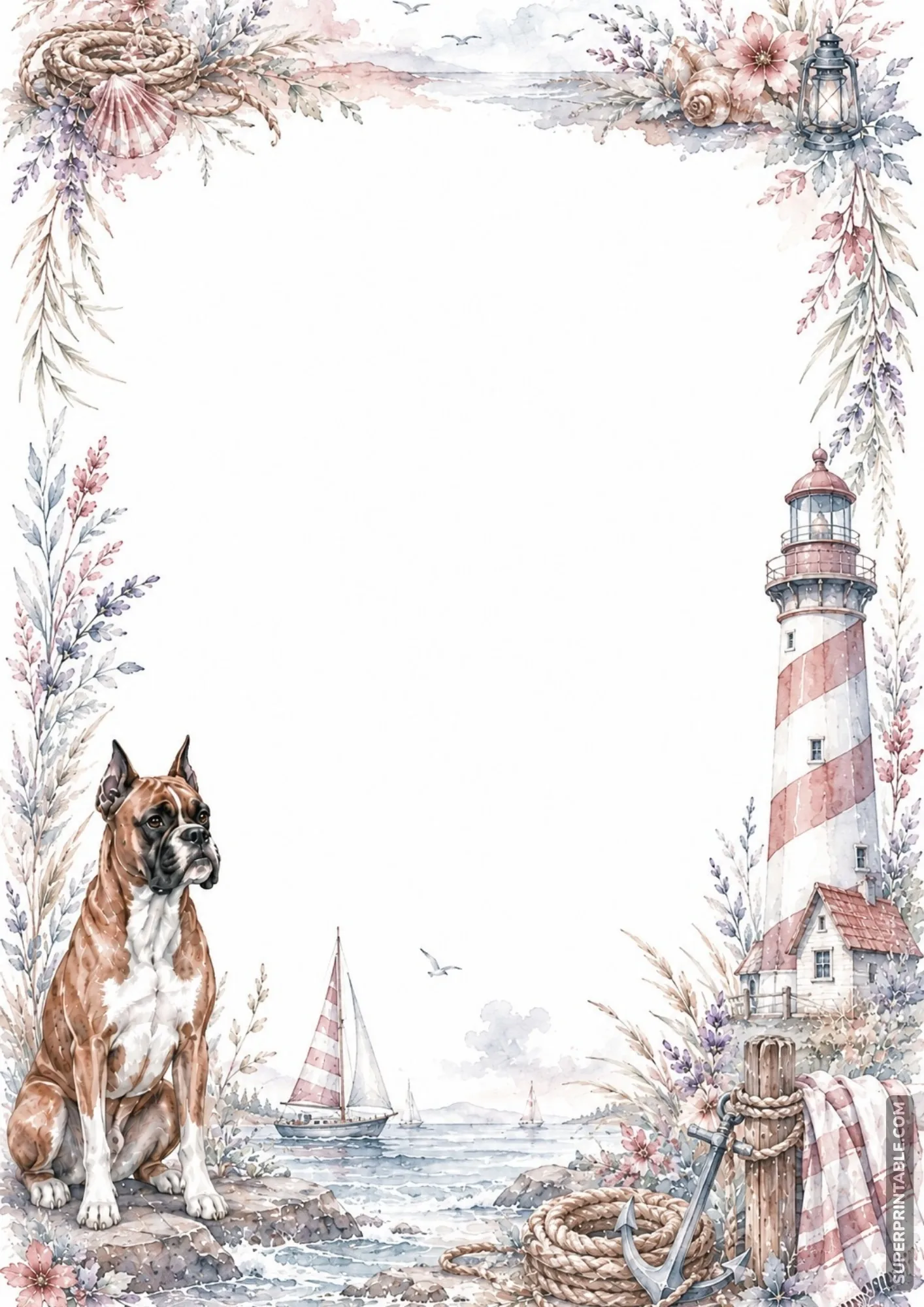 Boxer dog sitting on a shore near a red striped lighthouse, sailboat, and nautical anchor decoration.