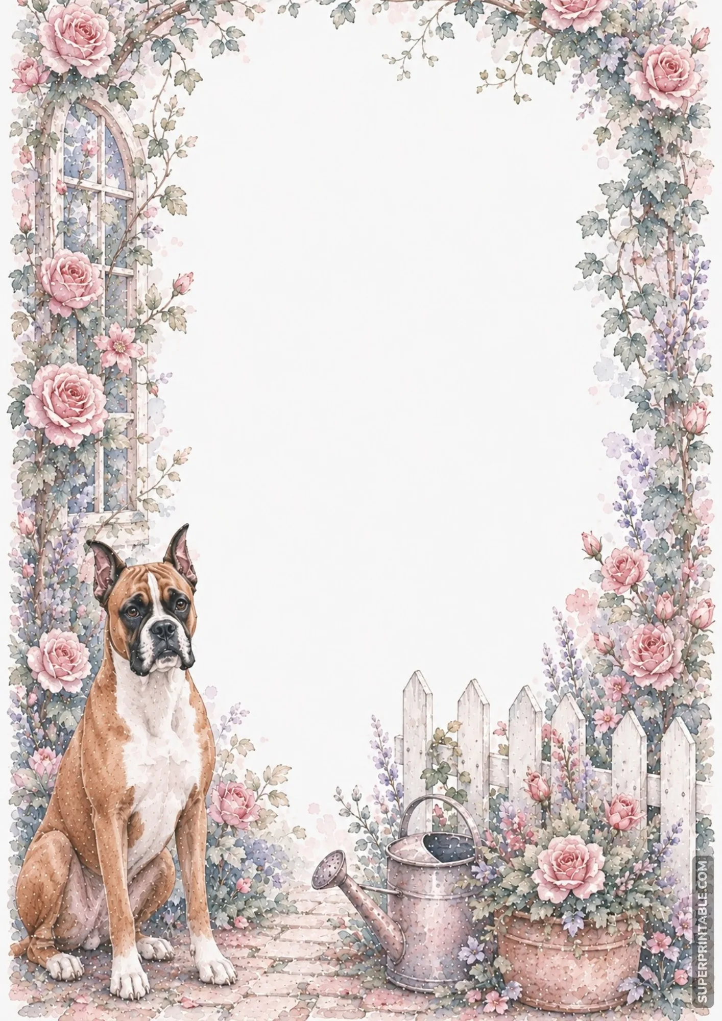 Boxer dog sitting by a white picket fence, pink rose bushes, and a metal garden watering can.