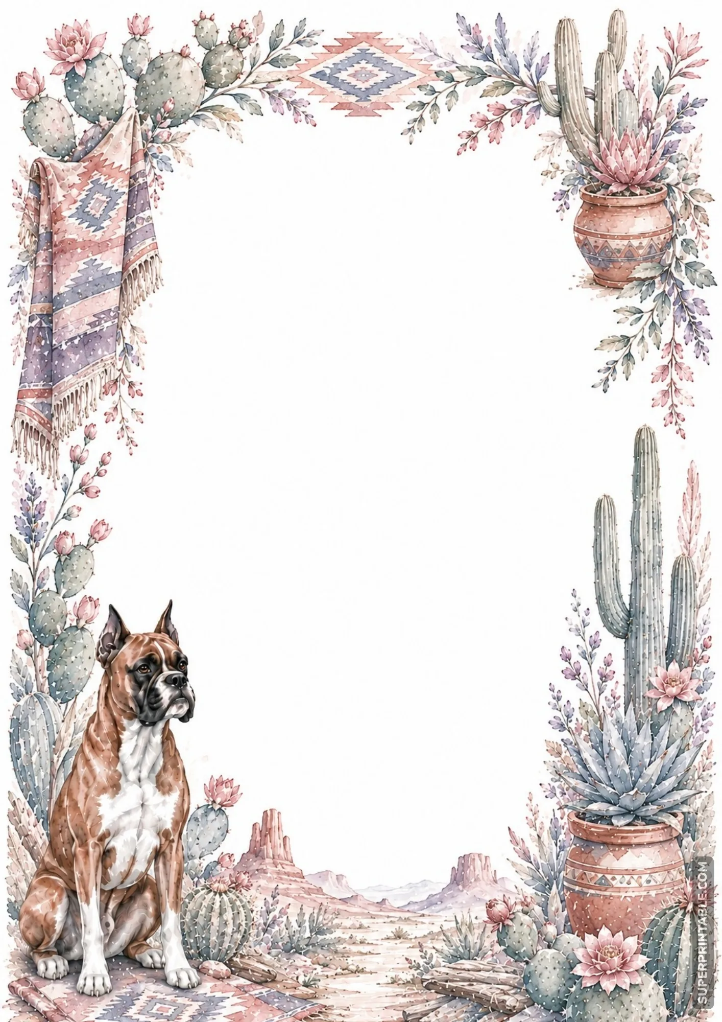 Boxer dog sitting beside cacti and succulents in a southwestern desert page border design.
