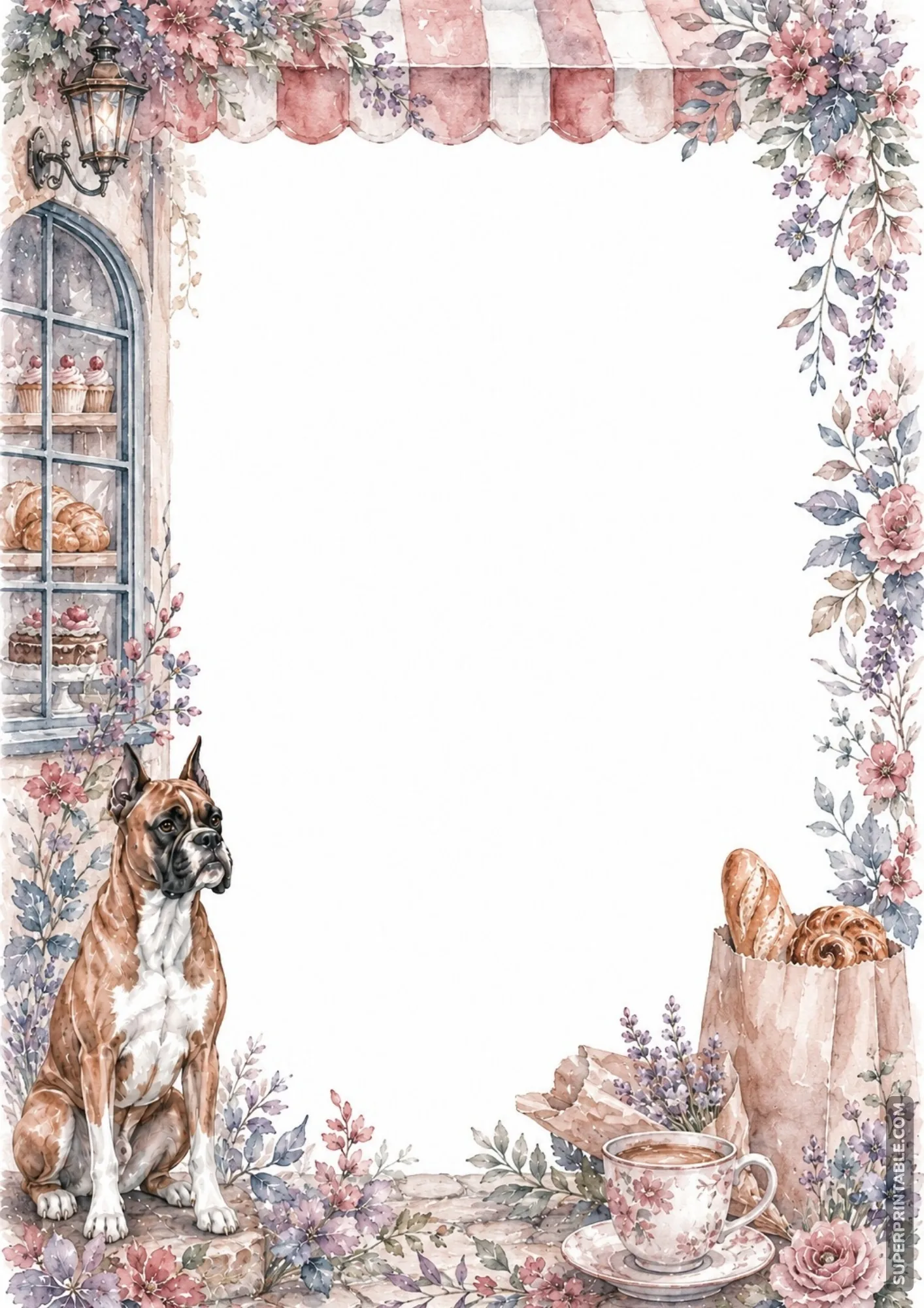 Boxer dog sitting beside fresh bakery pastries, baguettes in a bag, and a floral teacup frame.