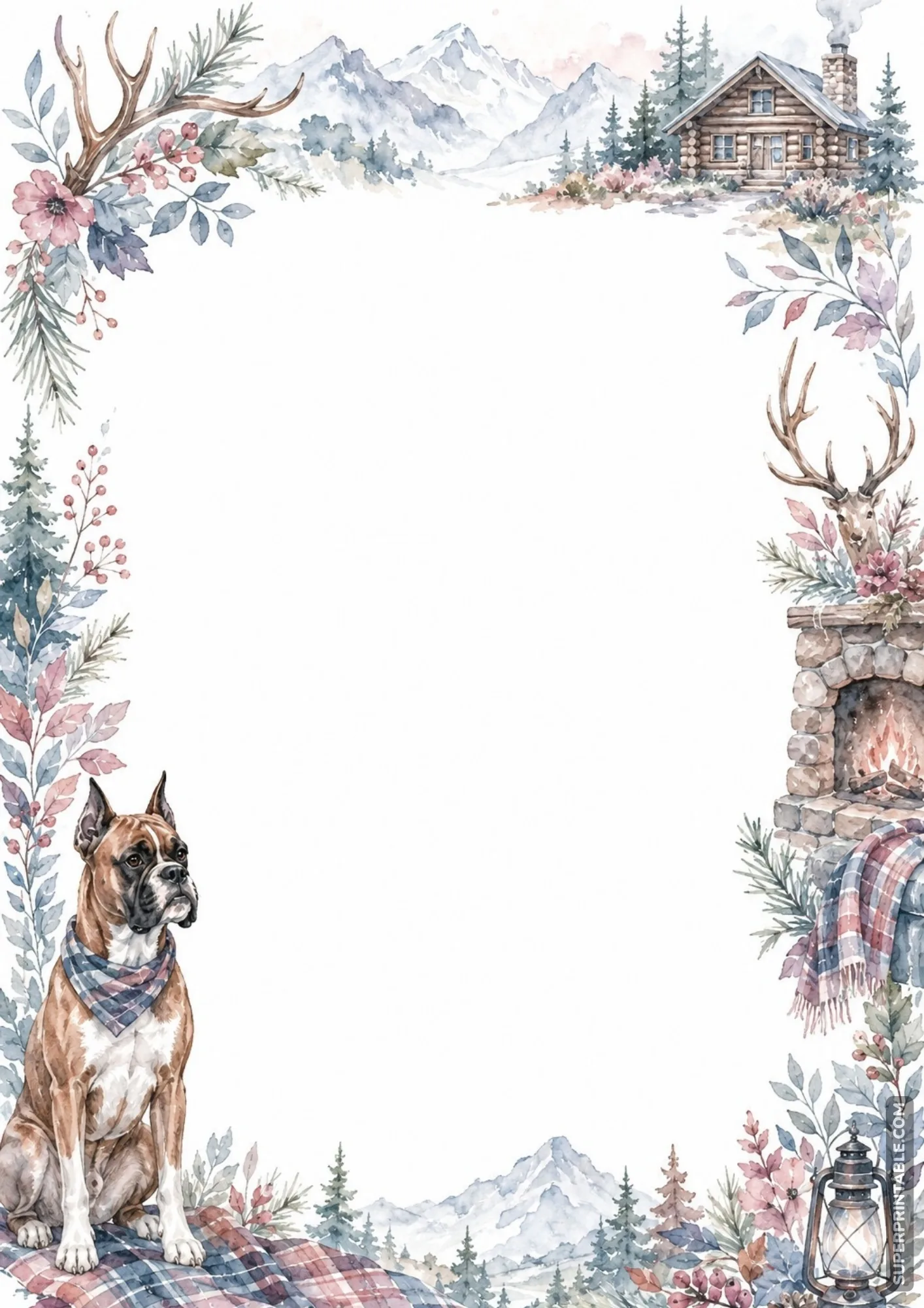 Boxer dog wearing a cozy plaid scarf near a stone fireplace and snowy mountain log cabin background.