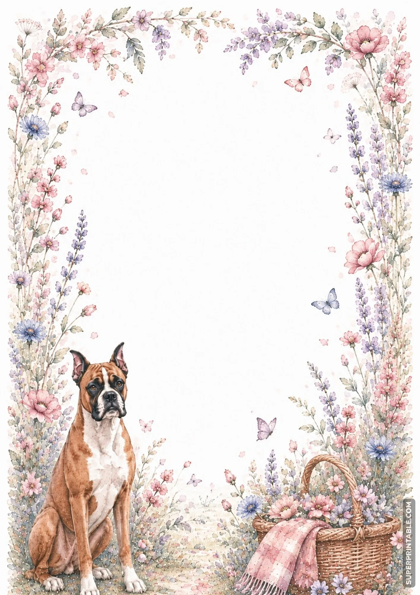 Boxer dog sitting among soft pink and purple wildflowers with fluttering butterflies in a spring meadow.