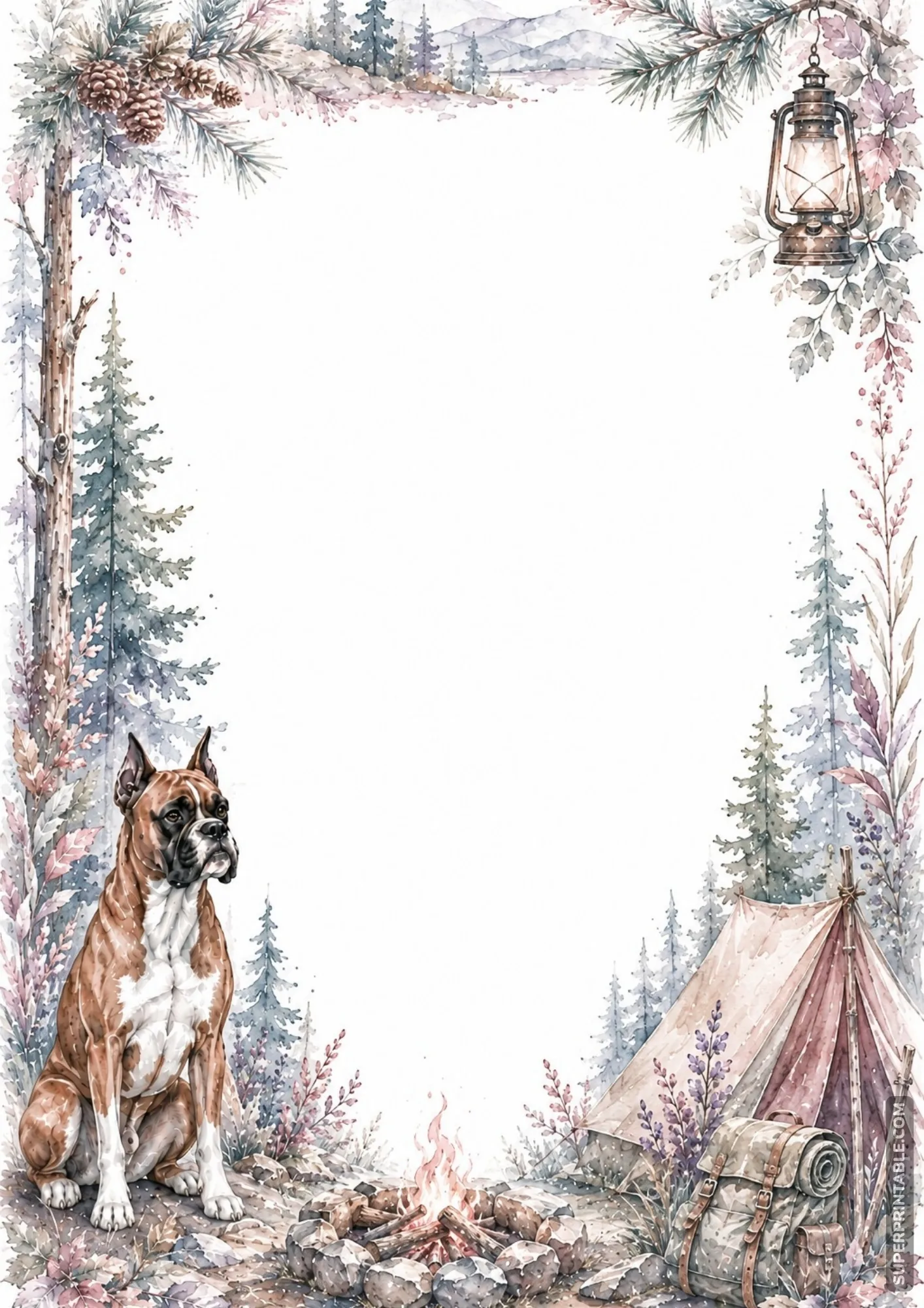 Loyal Boxer sitting near a cozy campfire and canvas tent in a misty pine forest border.