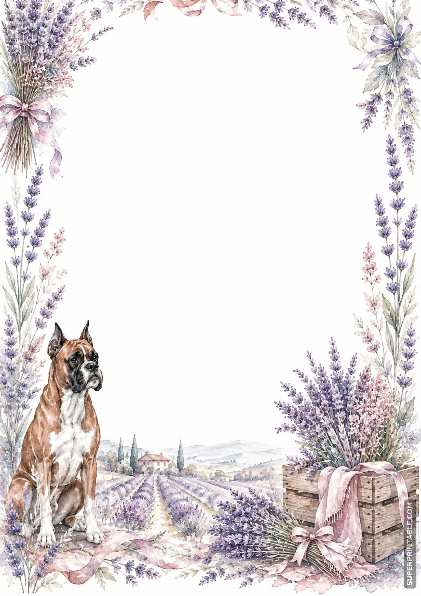 Boxer dog resting beside purple lavender fields and a rustic crate packed with fresh lavender stems.