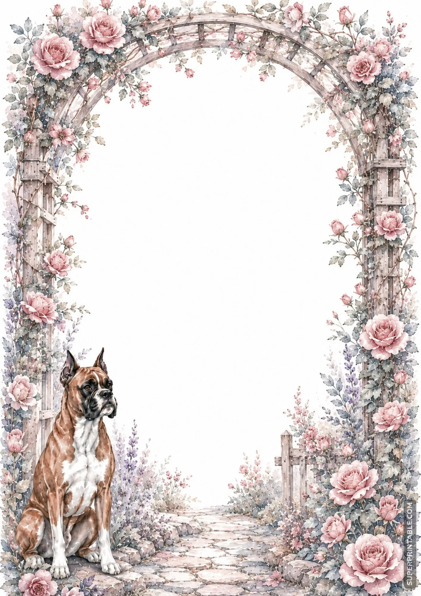 Boxer dog page borders with a loyal Boxer resting under a blooming pink rose trellis archway.