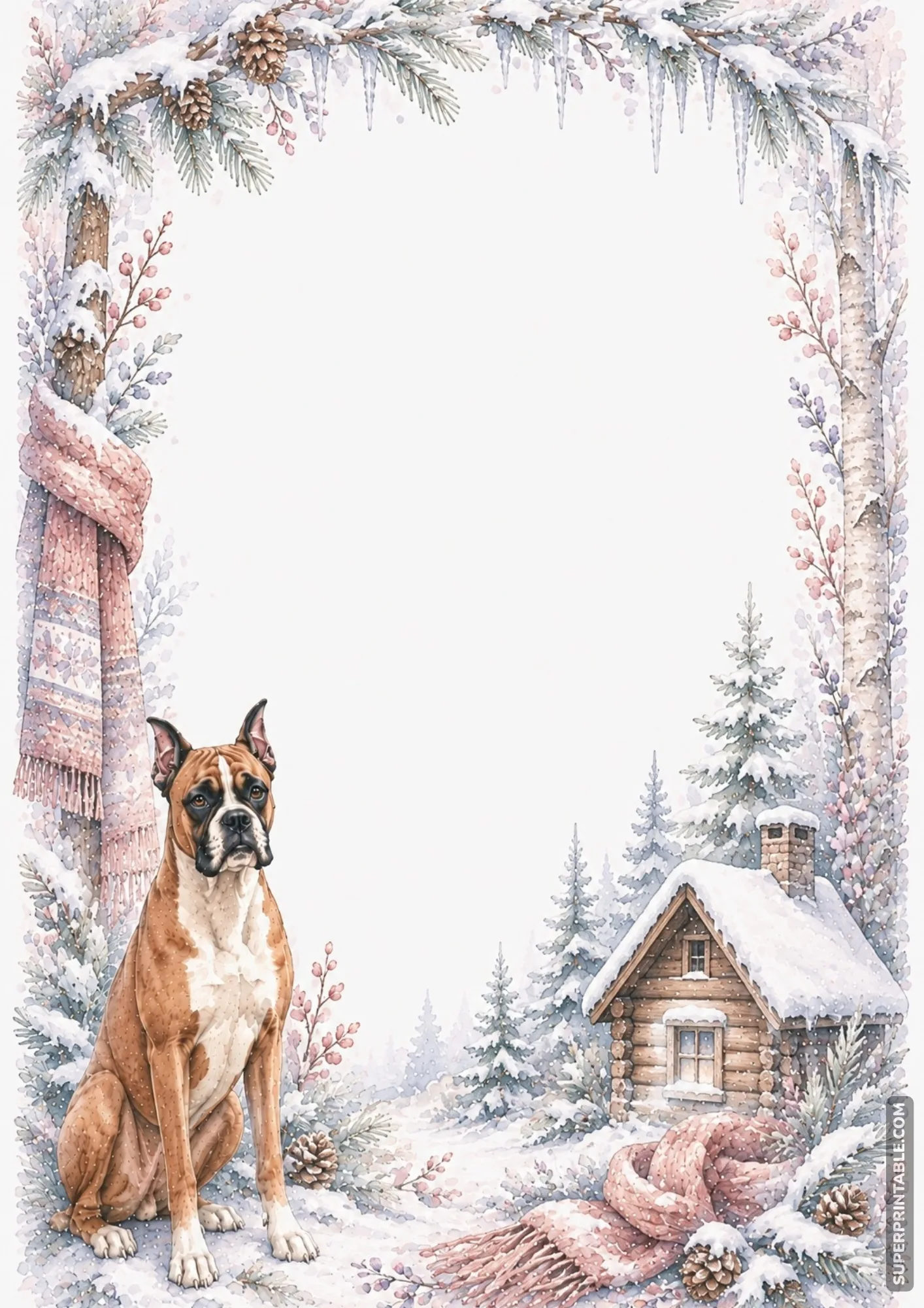 Boxer dog sitting in snow beside a cozy winter log cabin with snow-covered pine branches.