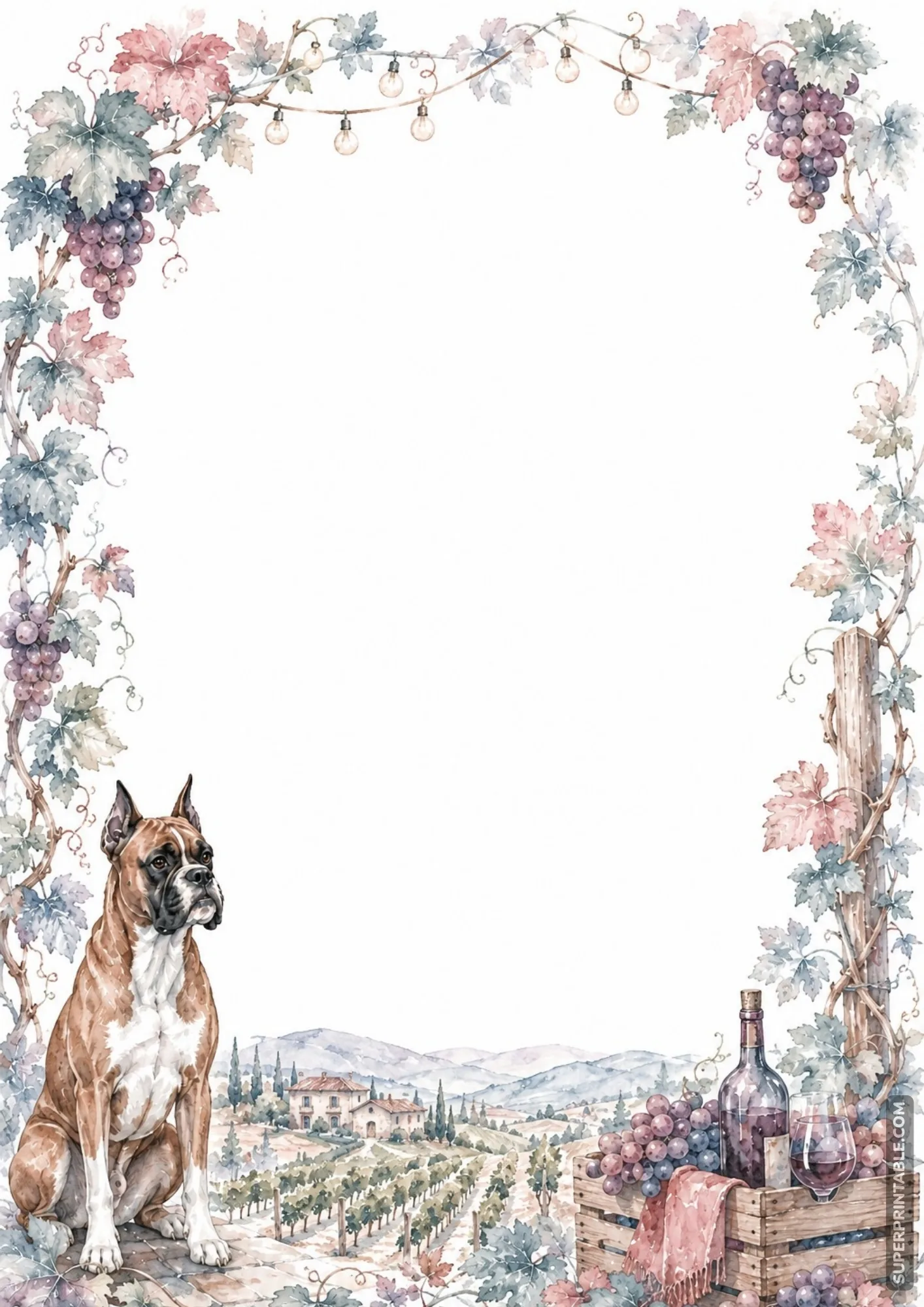 Boxer dog sitting overlooking a sunny vineyard with purple grapevines and wine bottle accents.