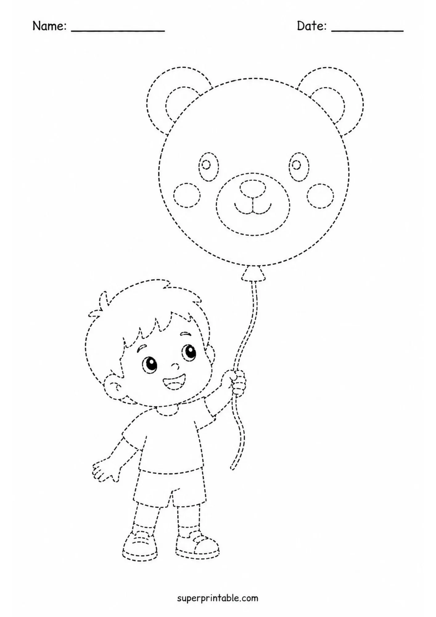 Tracing worksheet displaying a cheerful boy holding a bear shaped balloon at an amusement park.
