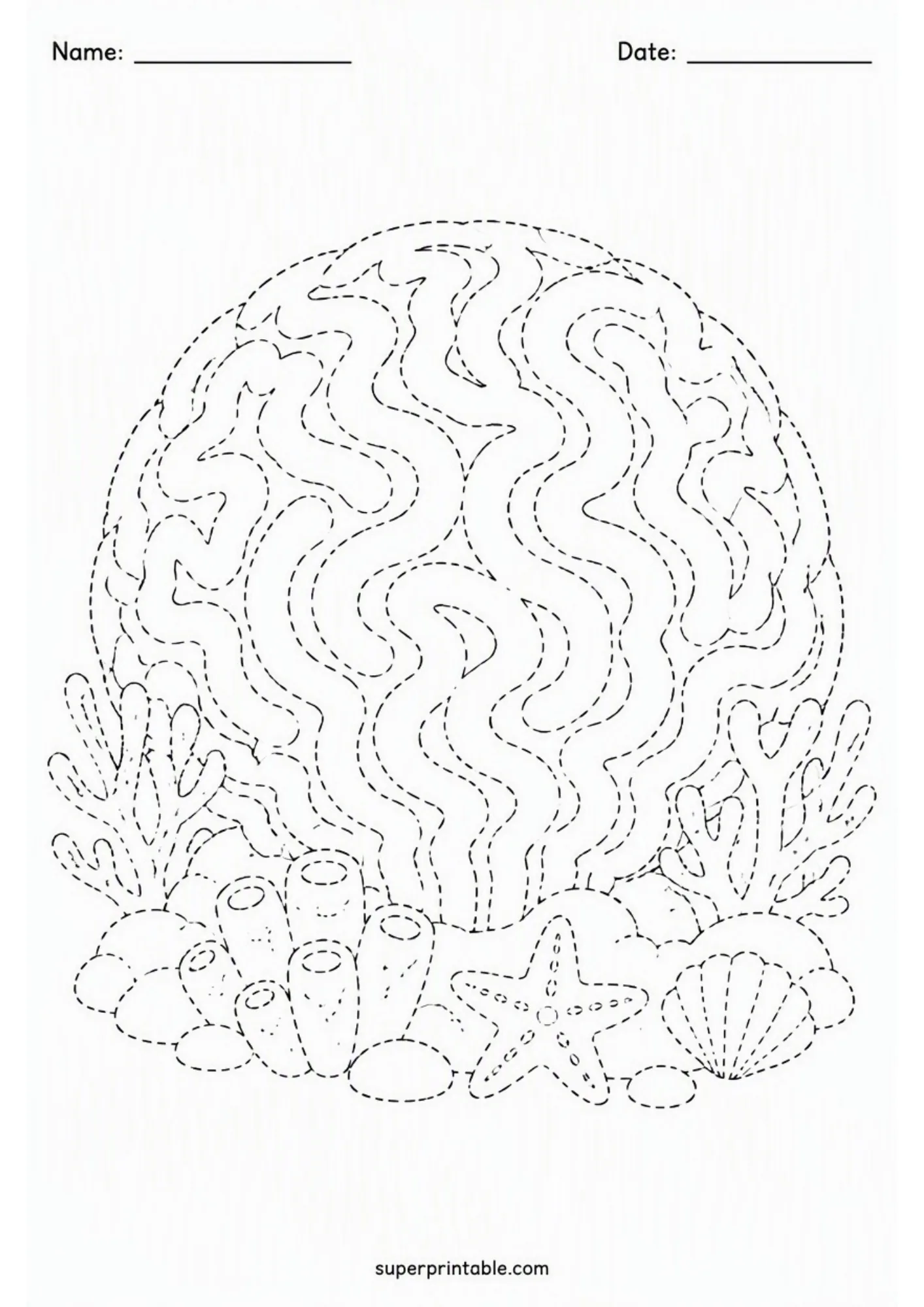 Dotted line tracing sheet showing brain coral, tubeworms, a starfish, and a seashell.