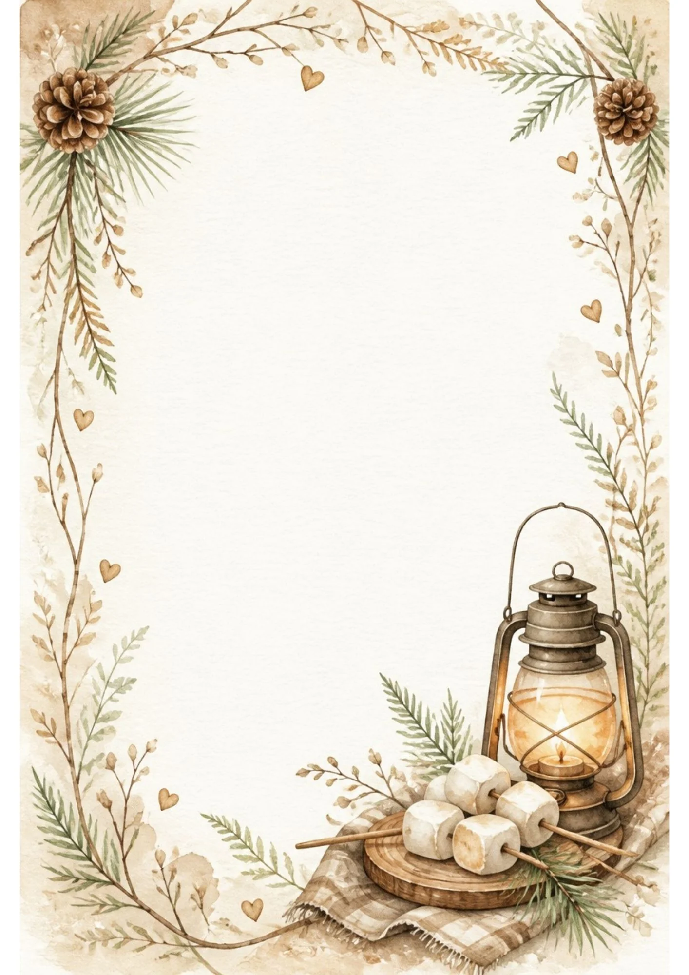 Watercolor border page with bare twig and pine sprig border, tiny heart accents, glowing brass lantern, and marshmallows on a stick