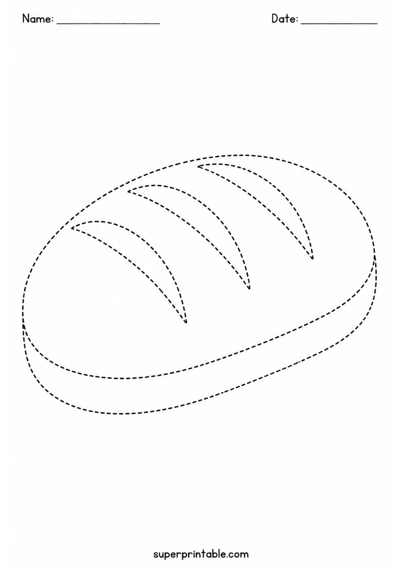 Printable bread loaf tracing page from bakery activity worksheets bundle.
