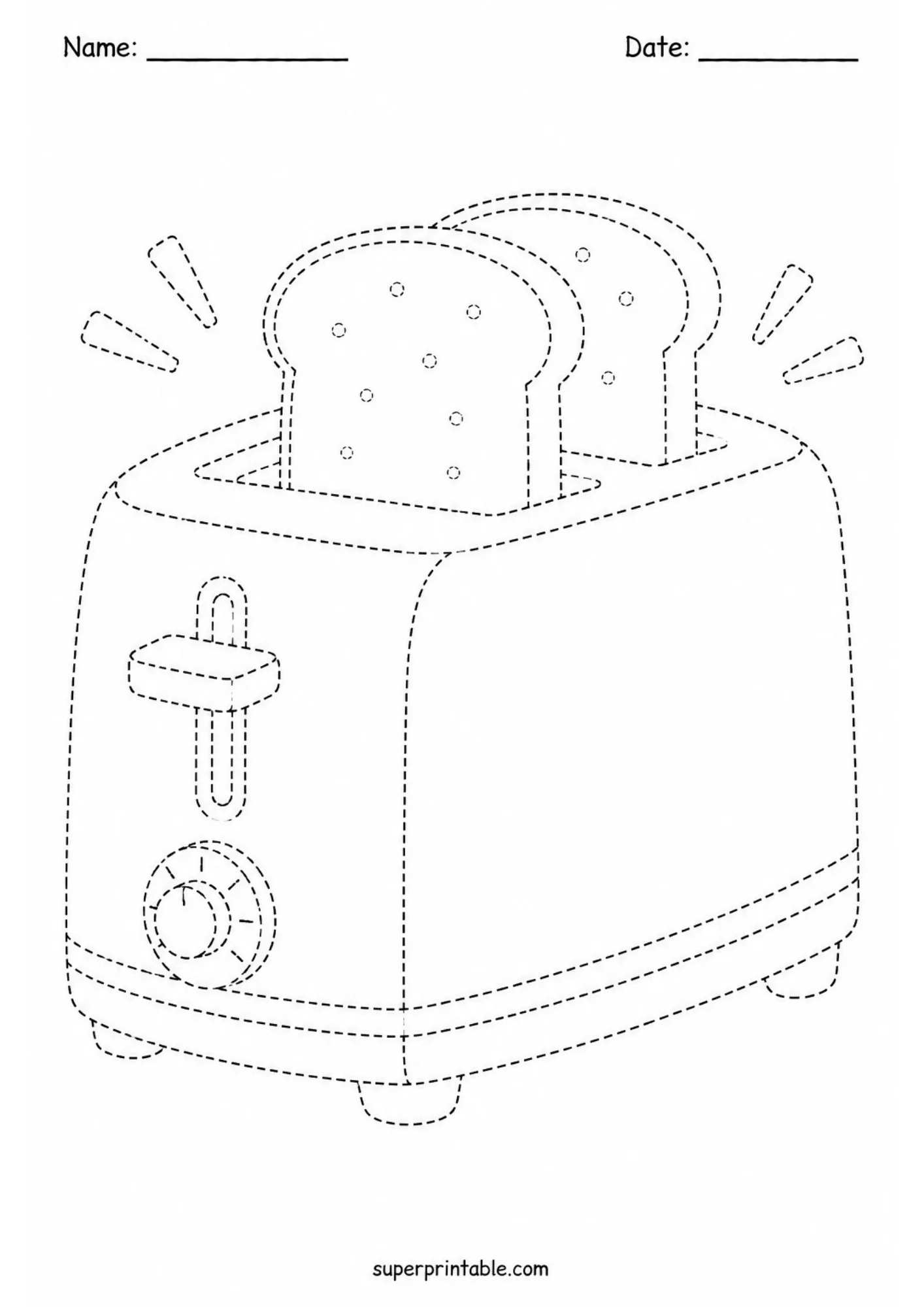 Two-slice bread toaster line tracing worksheet included in kitchen activity worksheets for kids.