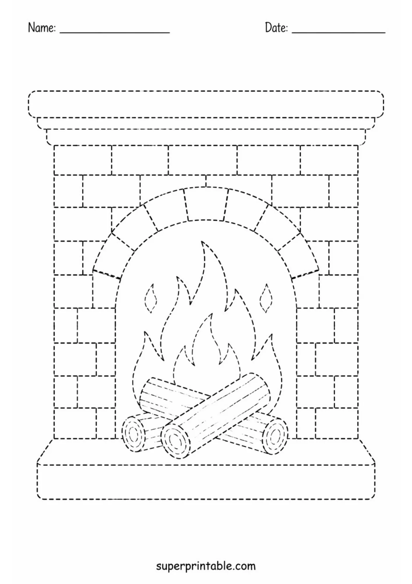 Brick fireplace tracing activity page with burning wood logs and warm flame outlines.
