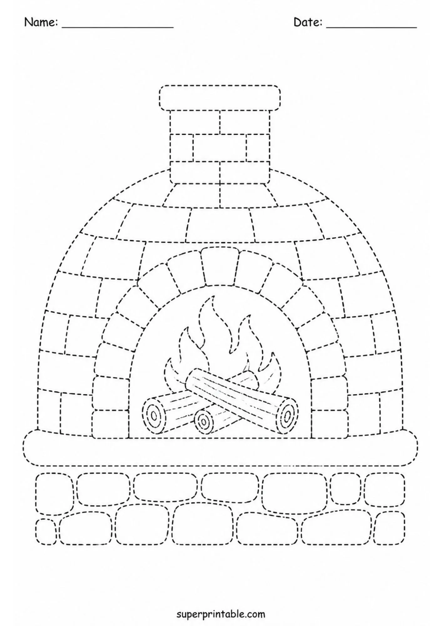 Wood-fired brick pizza oven with warm flaming logs inside for kids activity tracing.