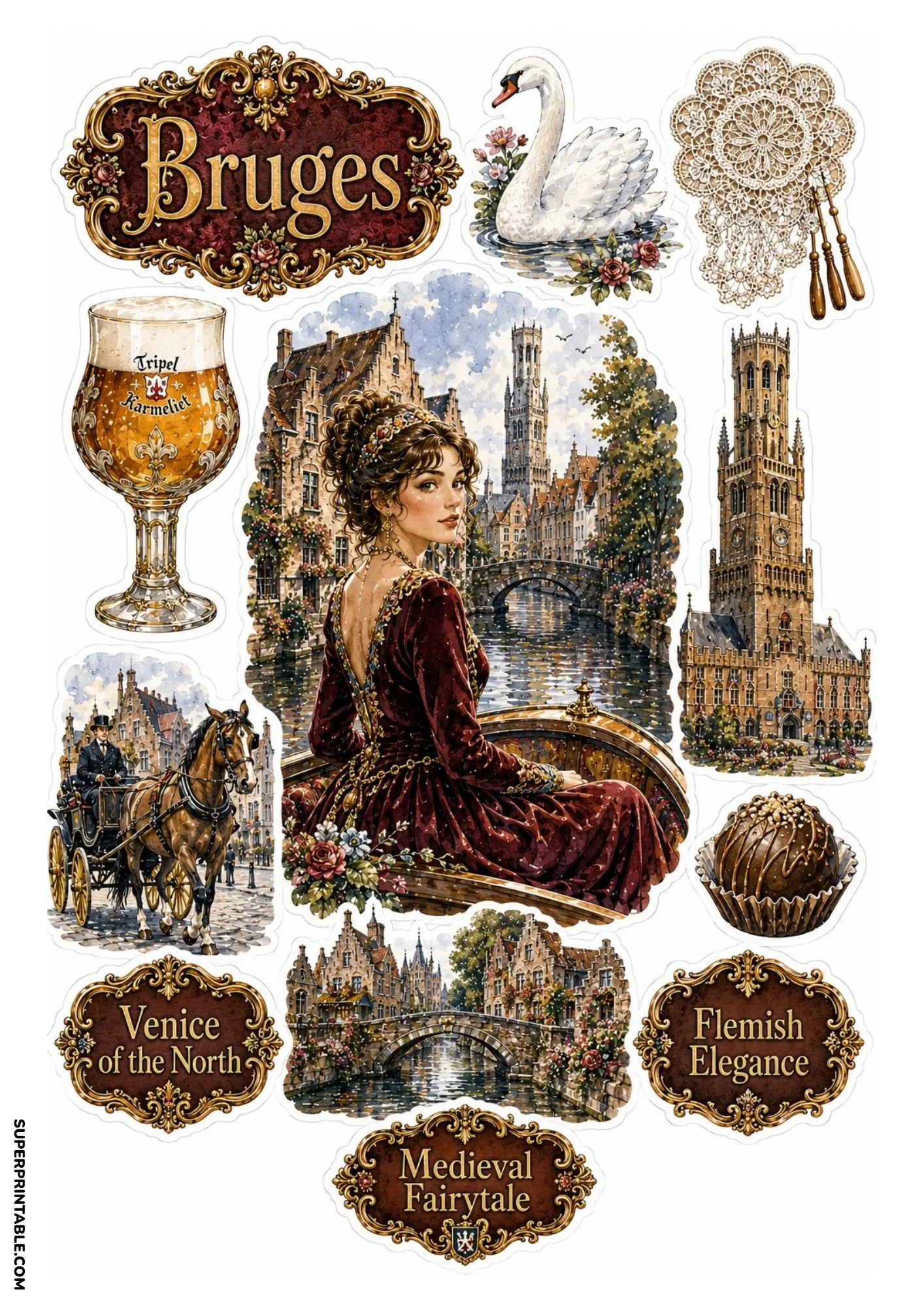 Printable Bruges city sticker sheet showing medieval Belfry tower and Belgian chocolates