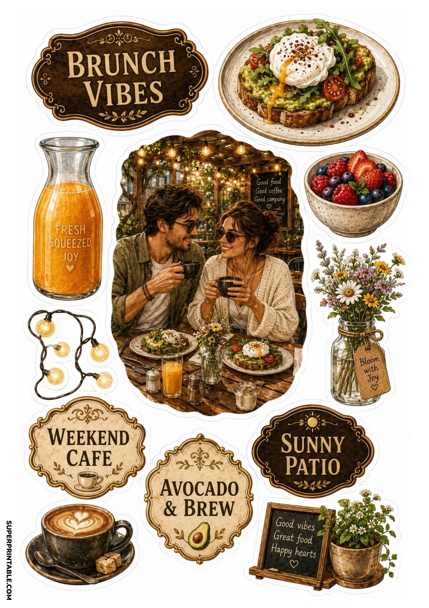 Sunny outdoor patio cafe stickers featuring avocado toast, fresh berry bowl, and couple drinking coffee.