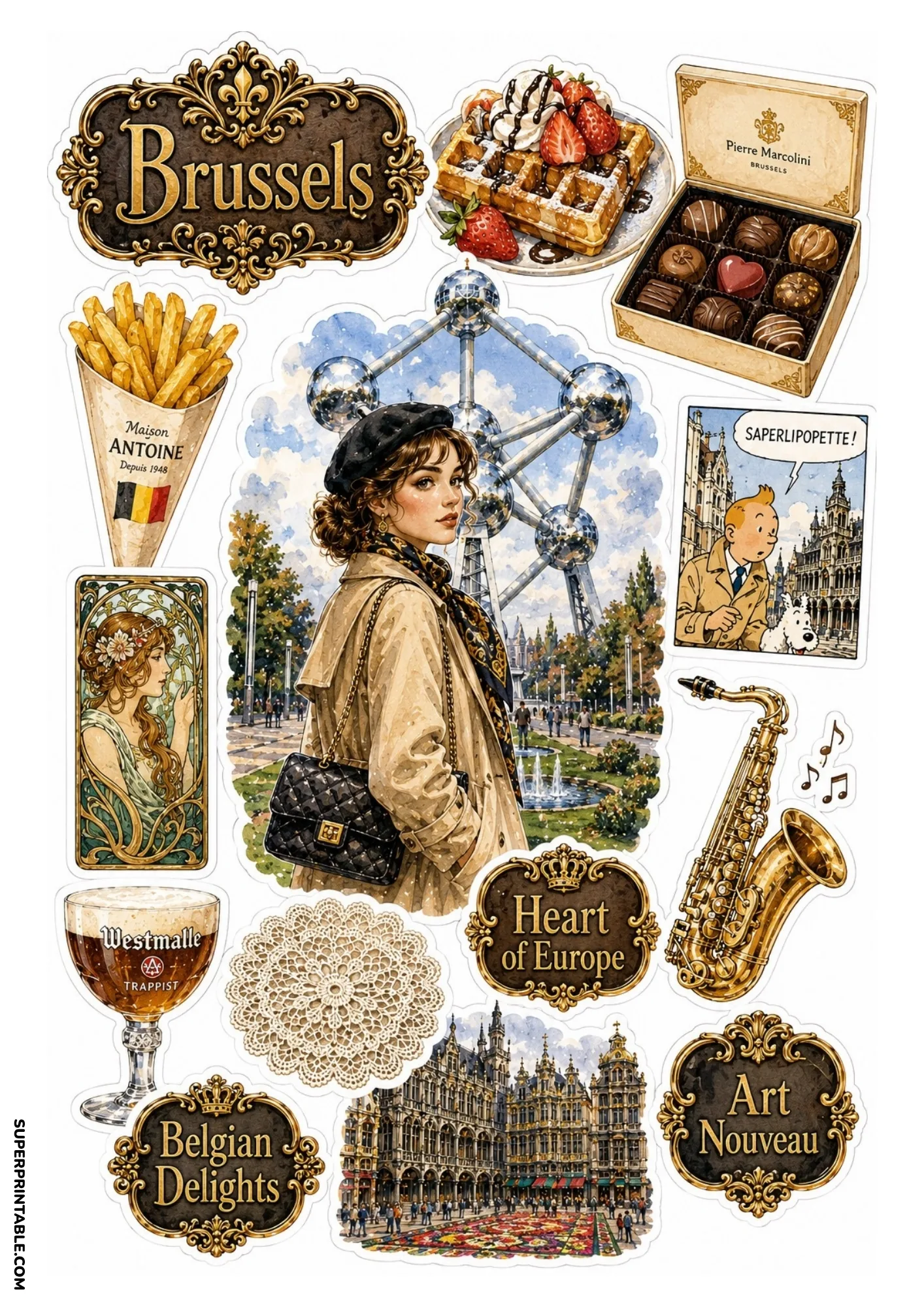 Brussels sticker sheet featuring the Atomium, Grand Place, and Belgian waffles