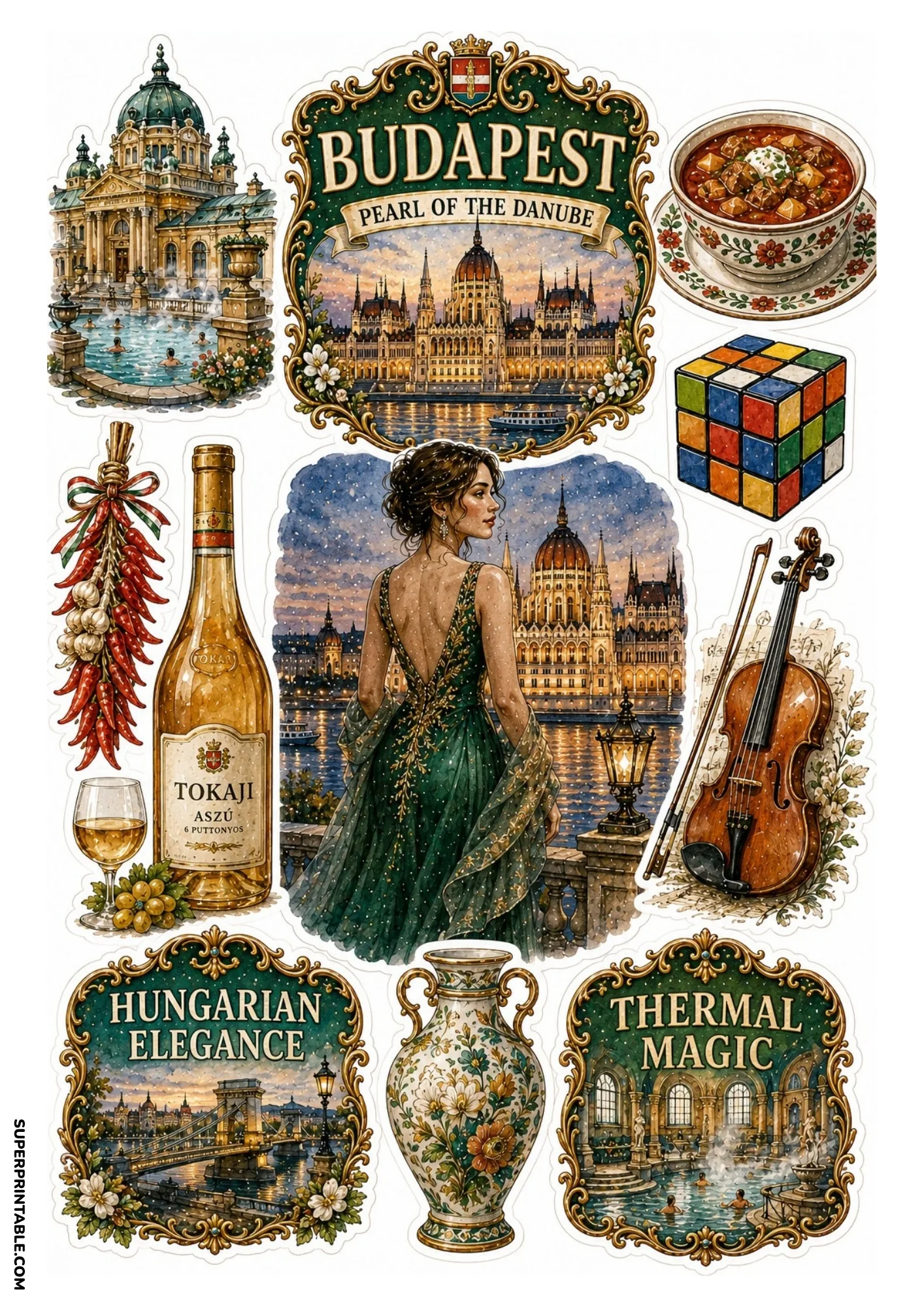 Printable Budapest city sticker sheet displaying Hungarian Parliament and thermal baths