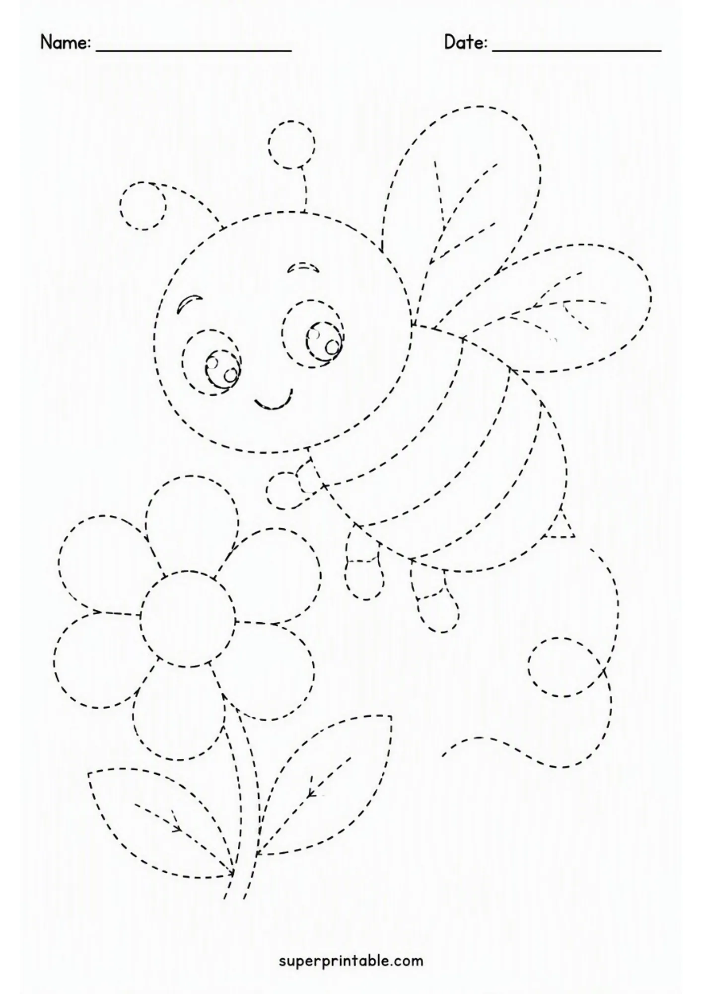 Interactive bee and flower line tracing sheet designed for early childhood pencil control.