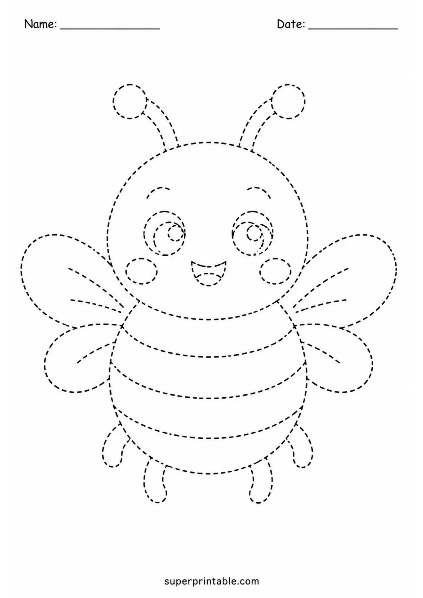 Happy cartoon bee line tracing worksheet with striped body and wing patterns.