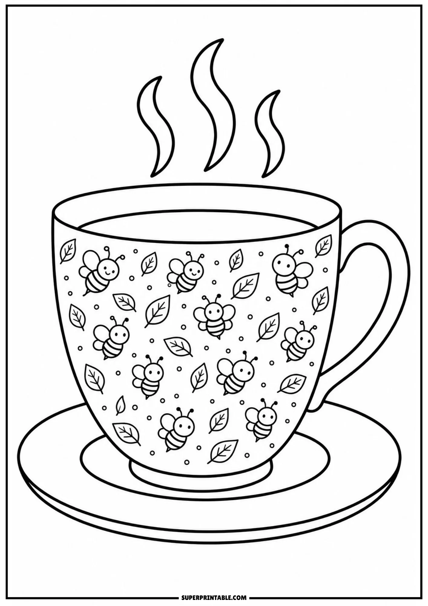 Steaming tea cup on a saucer covered in a cute pattern of smiling bumblebees, leaves, and dots.