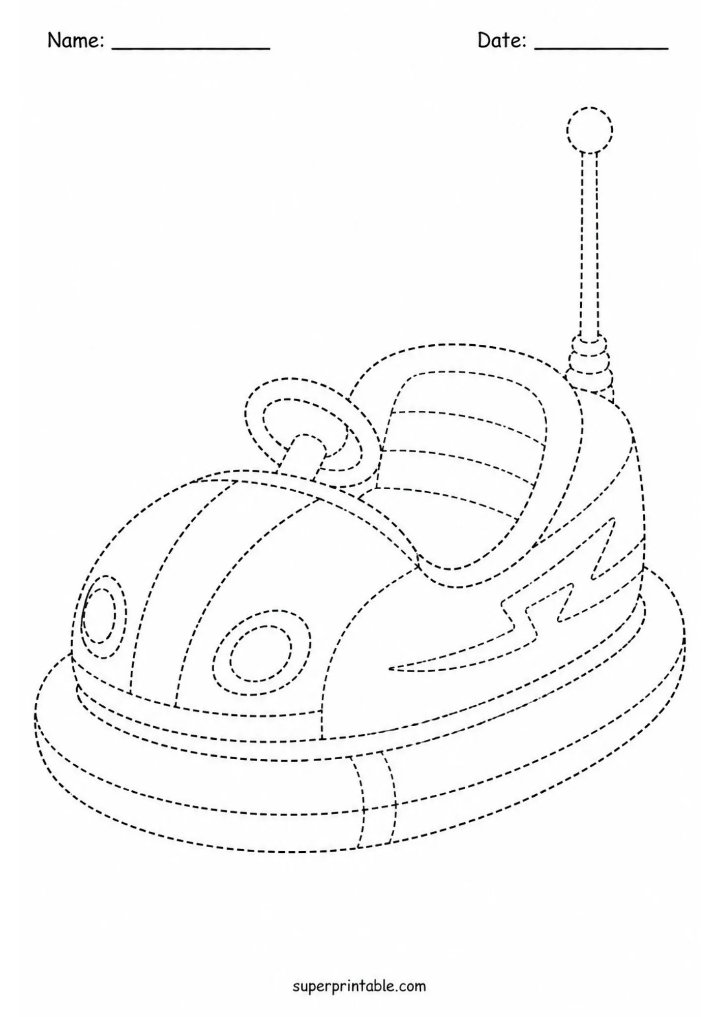 Printable tracing worksheet of a carnival bumper car with steering wheel and antenna for young children.