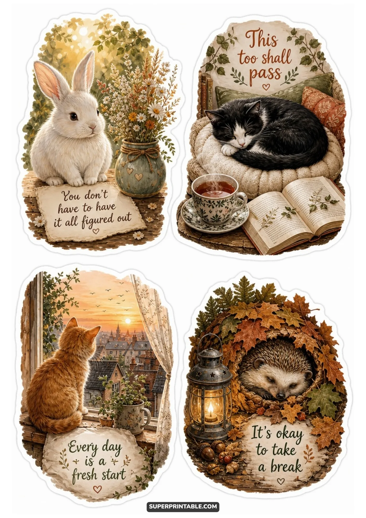 Cozy mental health stickers featuring a sleeping cat and bunny.