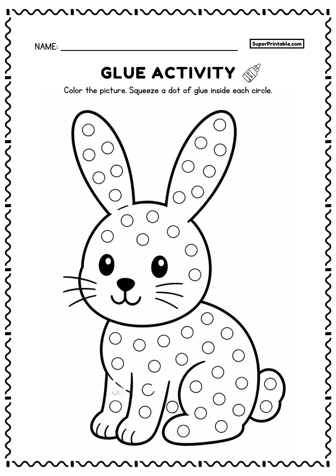 Sweet bunny rabbit printable glue activity worksheet with long ears and dot circles for kids