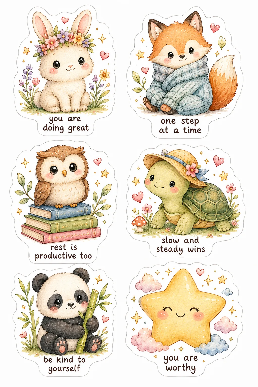 Cute watercolor bunny, fox, owl, turtle, panda, and smiling star stickers with encouraging sayings