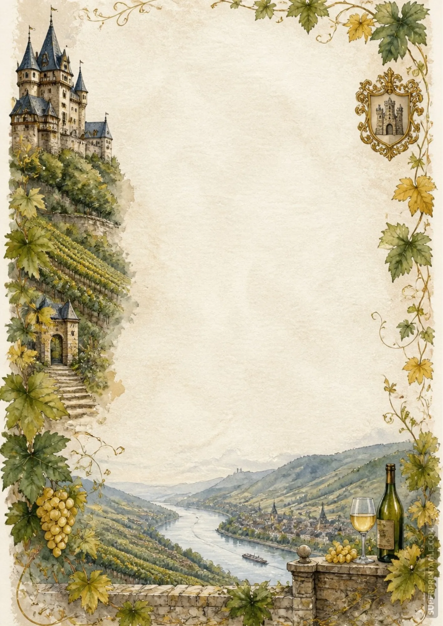 Burg Eltz German fairytale castle watercolor stationery page with vineyard river landscape border