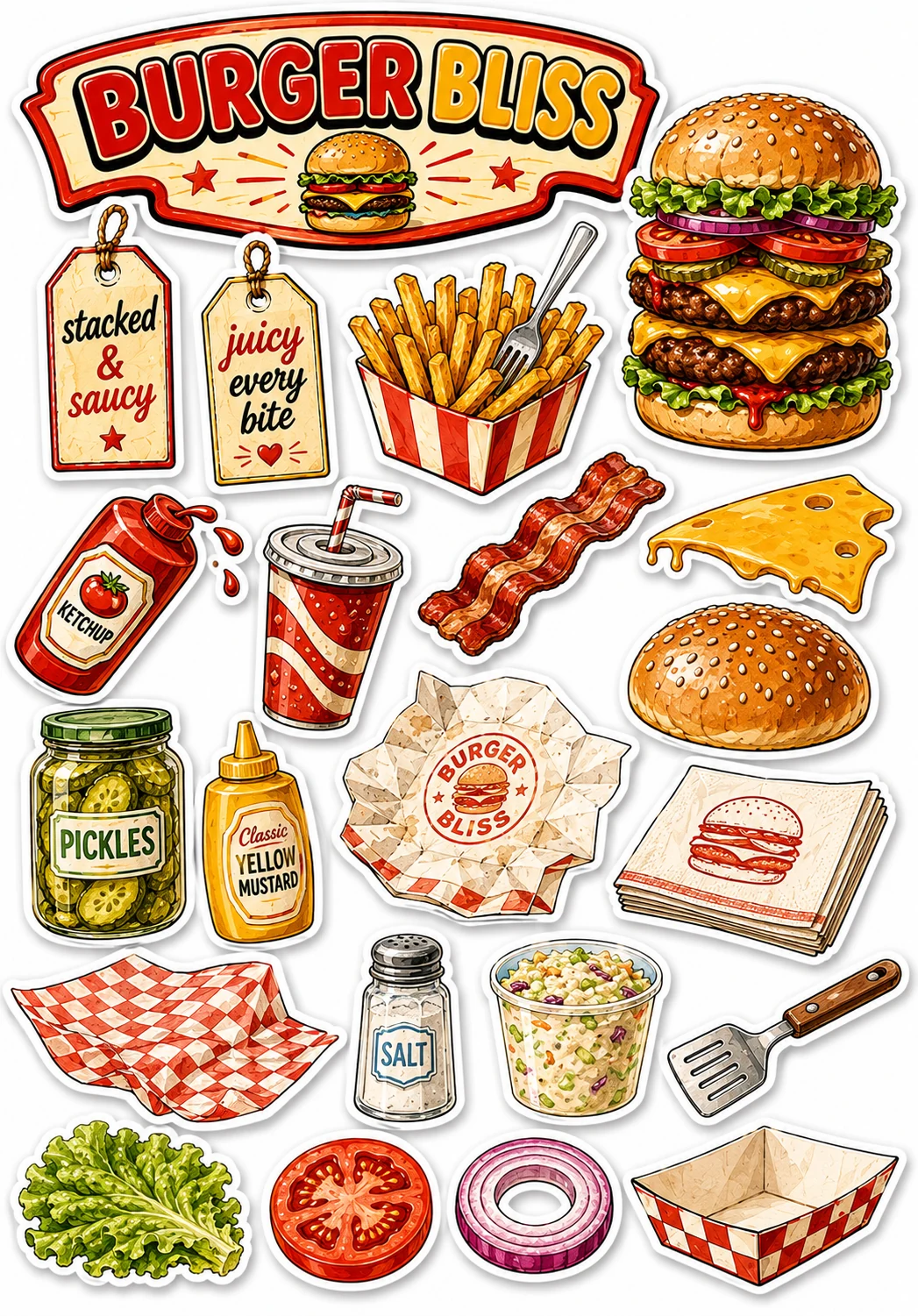 Burger Bliss Bacon Cheeseburger Fries Sheet featuring fast food, retro diner comfort food, junk food treats, and late night cravings.