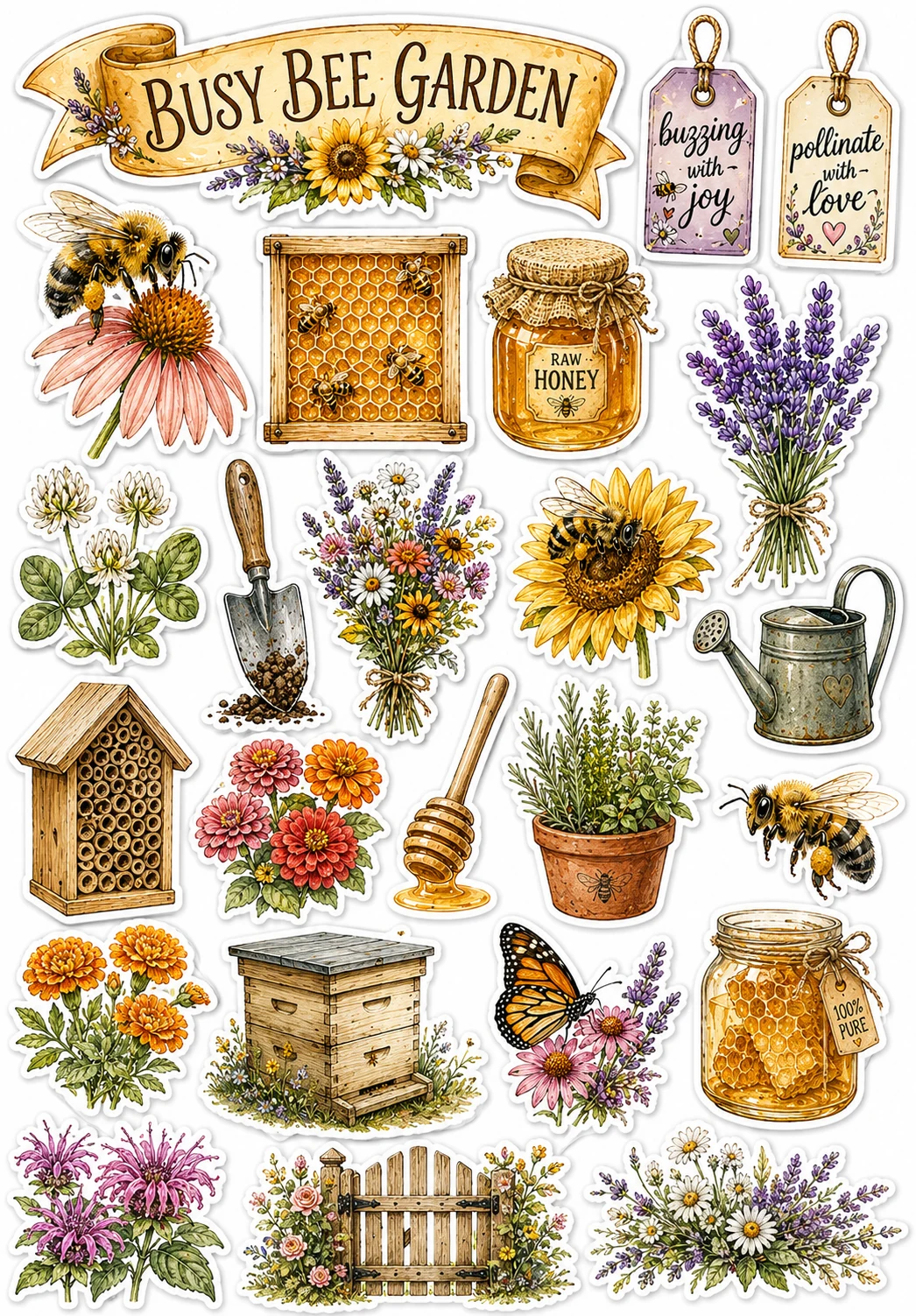 Busy Bee Garden Watering Can Honey Pot Sheet featuring honeybees, beekeeping, honey jars, wildflowers, and honeycombs.