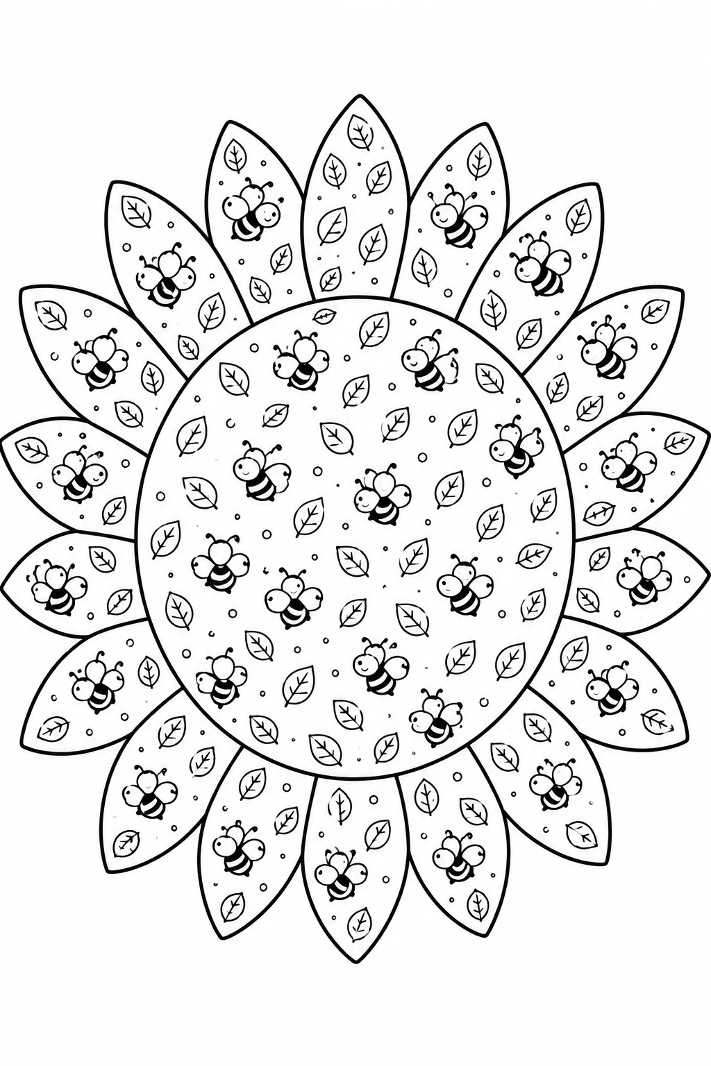 Pattern of numerous cute little bees and leaves filling a sunflower flower outline.