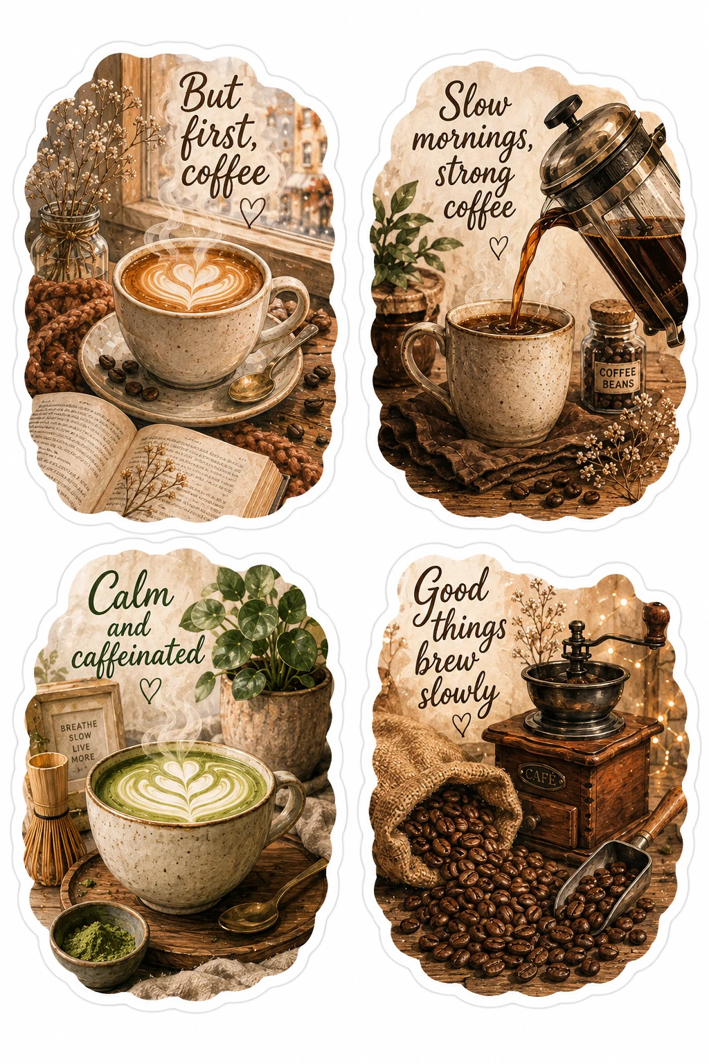 But First Coffee Slow Mornings Caffeinated Sheet featuring cozy coffee aesthetic, tea time rituals, espresso drinks, and bakery cafes.