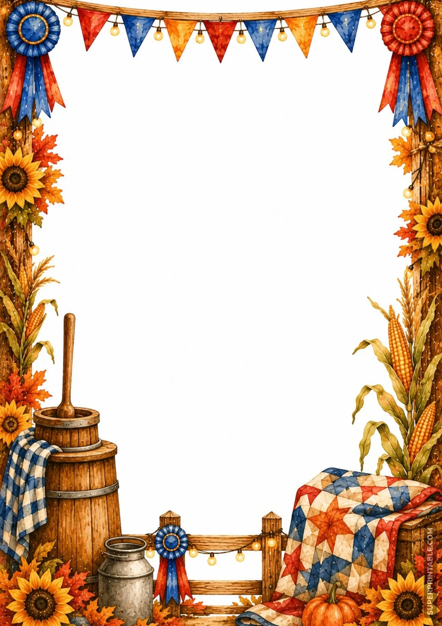 Country harvest border with an antique butter churn, galvanized milk jug, and red blue patchwork quilt.