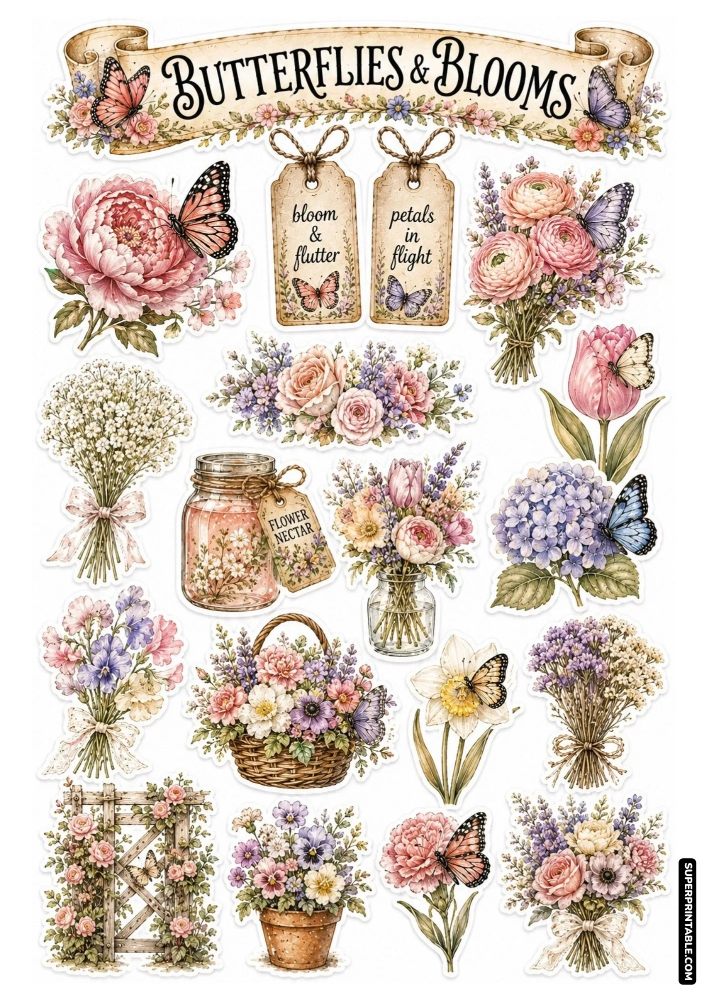 Romantic floral sticker sheet featuring delicate butterflies, blush pink peonies, baby's breath, and floral garlands.